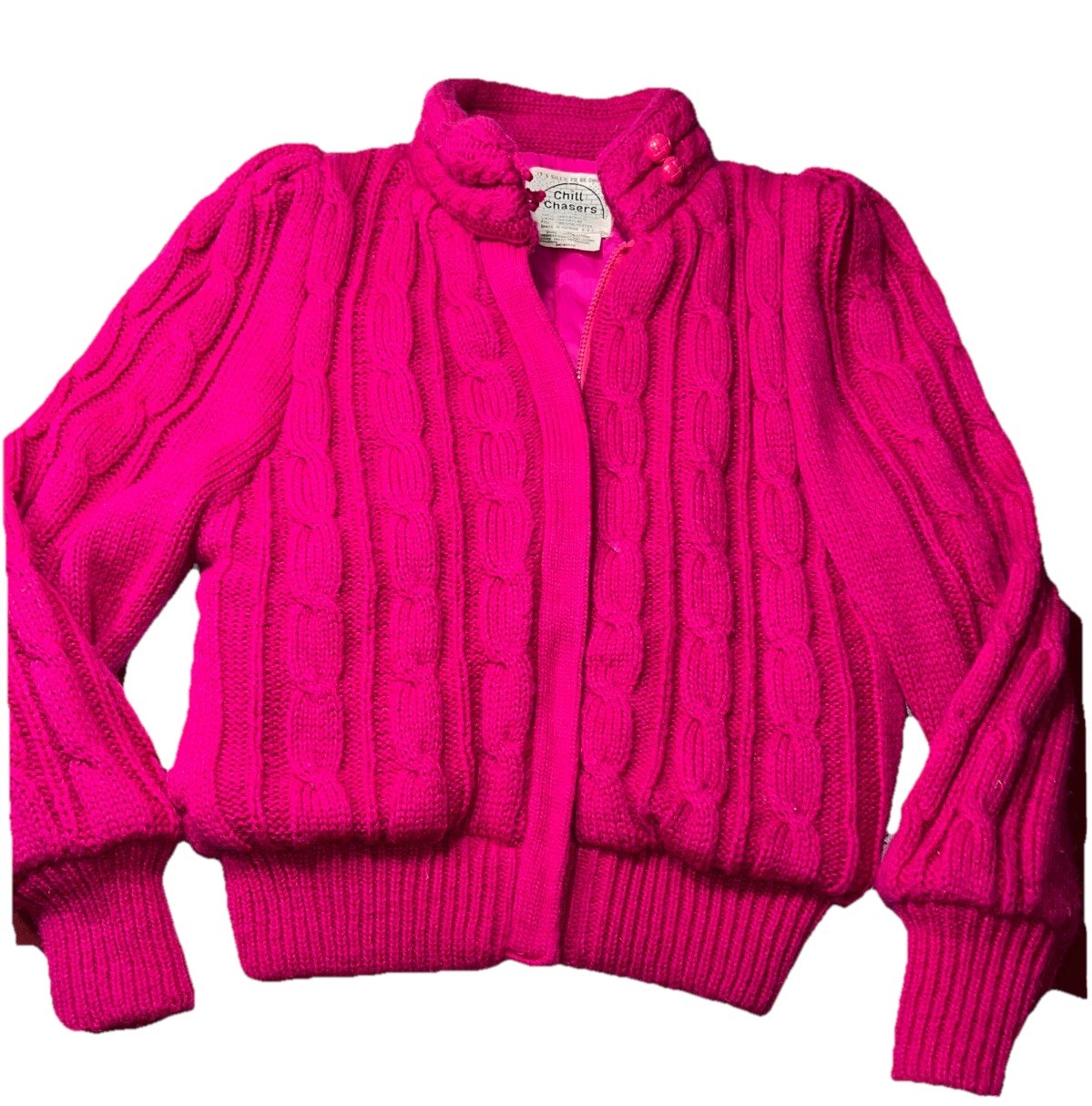 Chill Chasers Vintage Fuschia PINK Zip Knit SWEATER JACKET QUILTED Puff Sleeve M