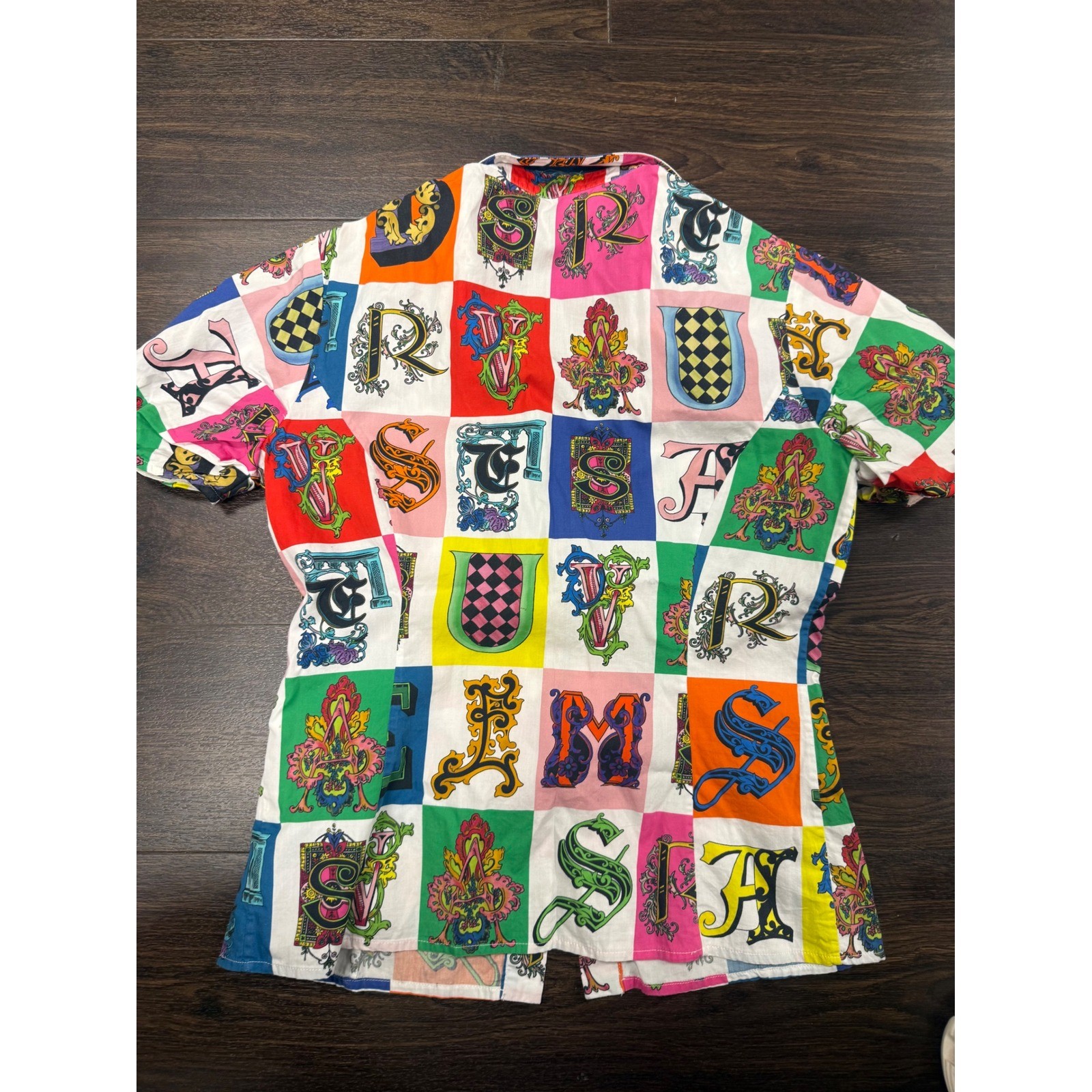 Authentic Versace Alphabet Print Cotton Short Sleeve Button Down Shirt 38 Small