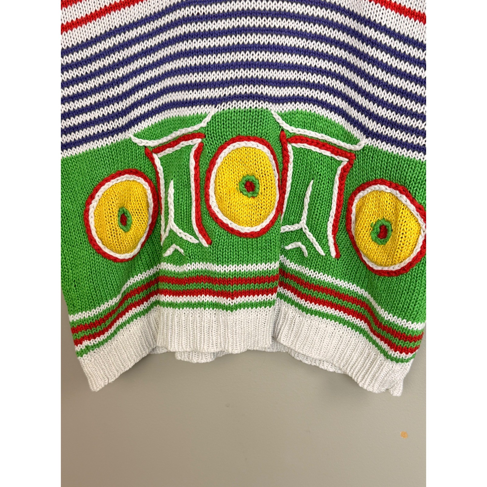 Leslie Fay Vintage 90s Knit Sweater Top Short Sleeve Colorblock Embroidered L