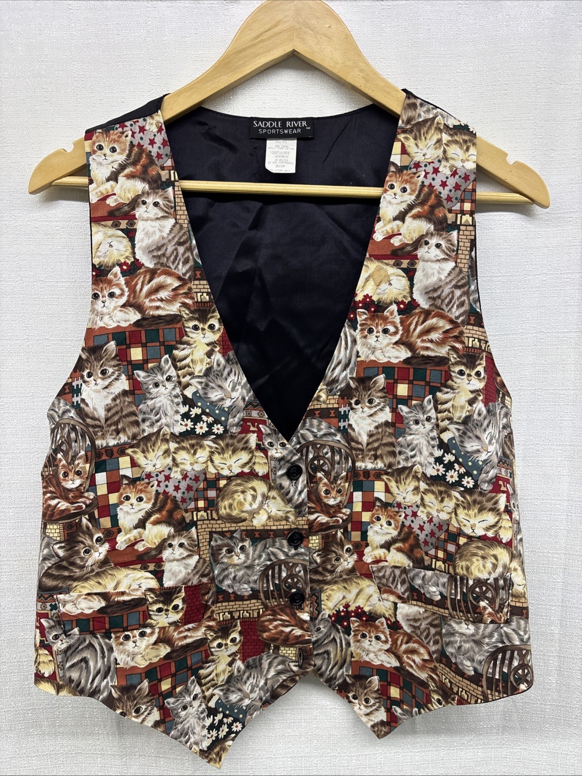 VTG 80s 90s Saddle River Cat Pet Tapestry Art Mom Button Black Vest Womens M