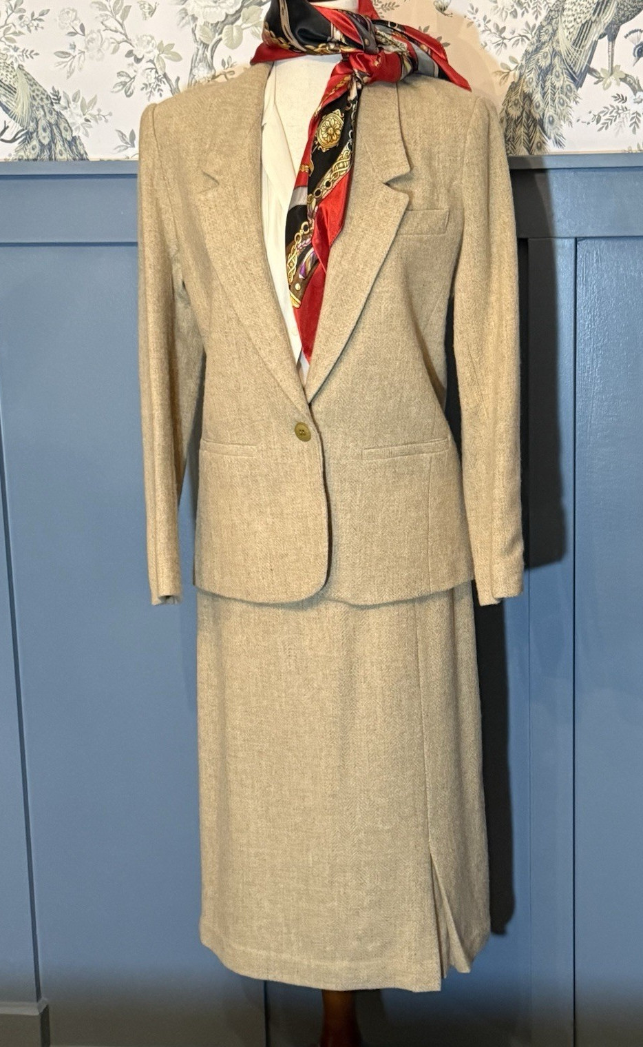 Step By Step 100% Wool Skirt Suit Set Women’s 8 Beige Herringbone Vintage USA
