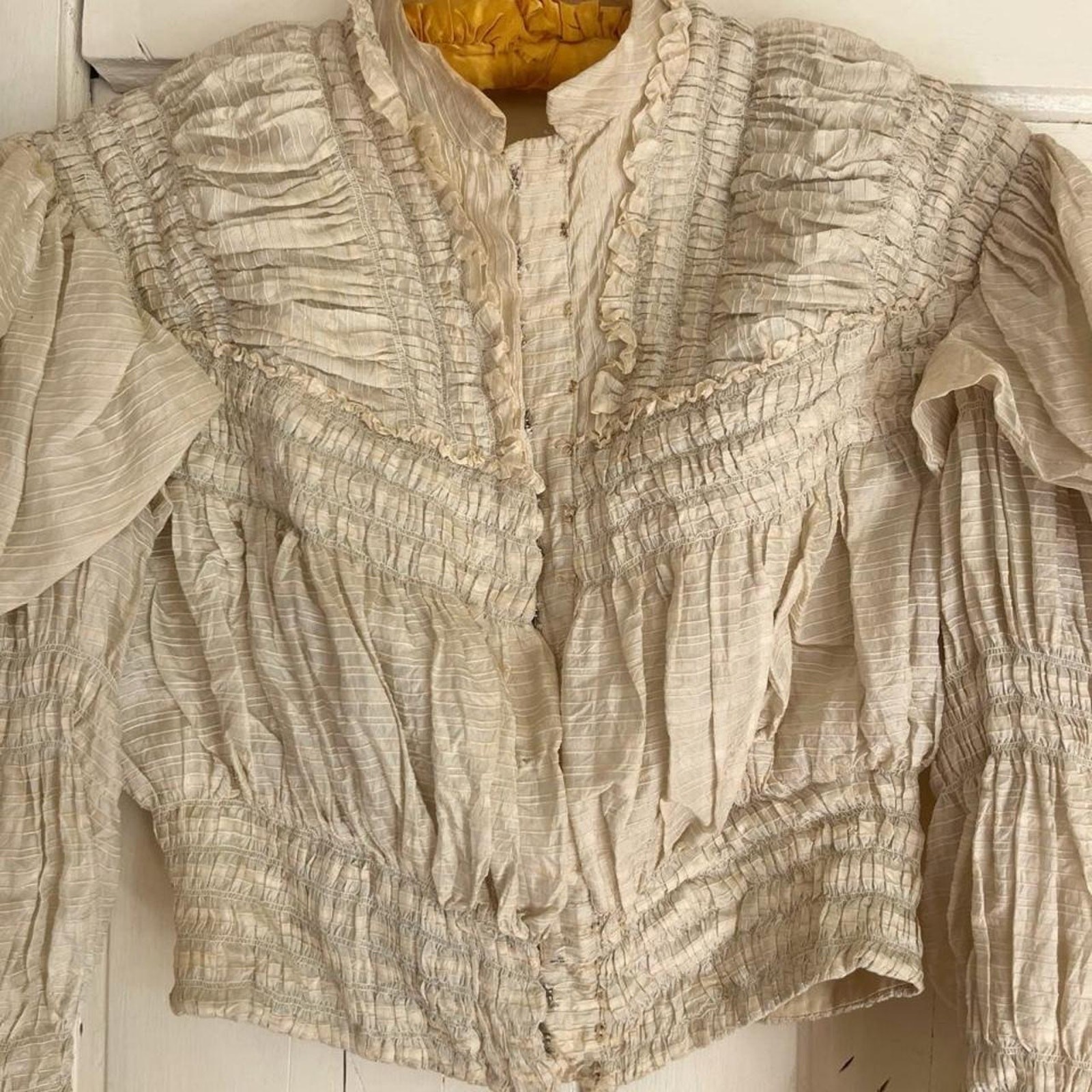 Antique Victorian Mint Green Cream Stripe Silk Ruched Puff Sleeve Bodice XXS