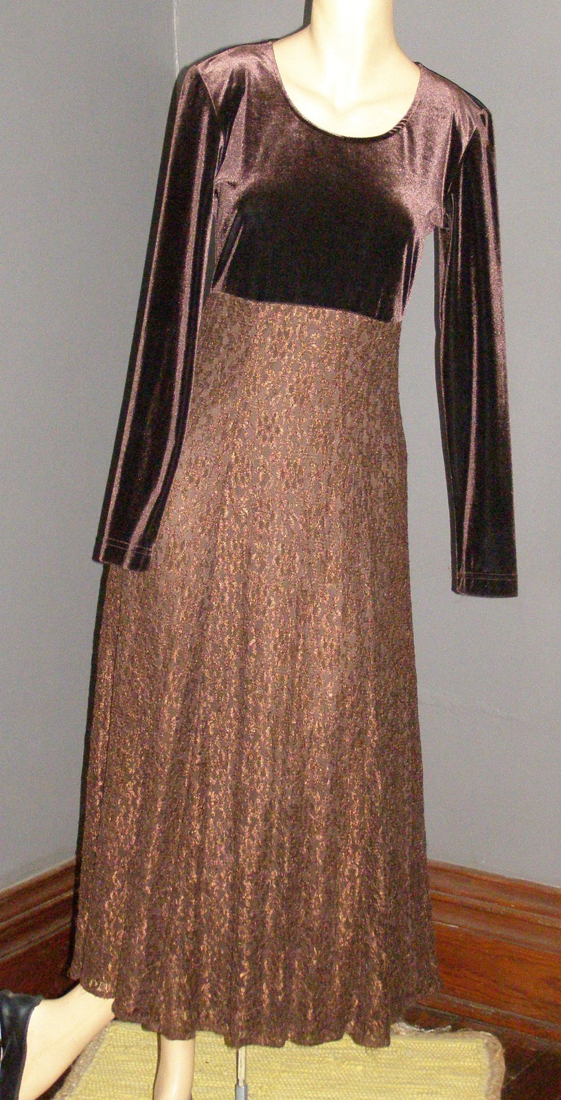 Vintage 90’s chocolate brown VELVET & LACE maxi dress M L old HOLLYWOOD DAWN JOY