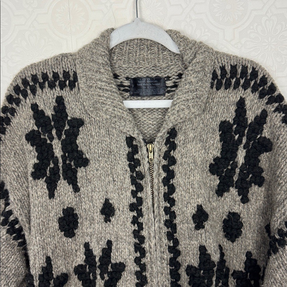 Vintage Otavalo 100% Wool Hand Made Ecuador Cardigan Sweater Zip Front Gray