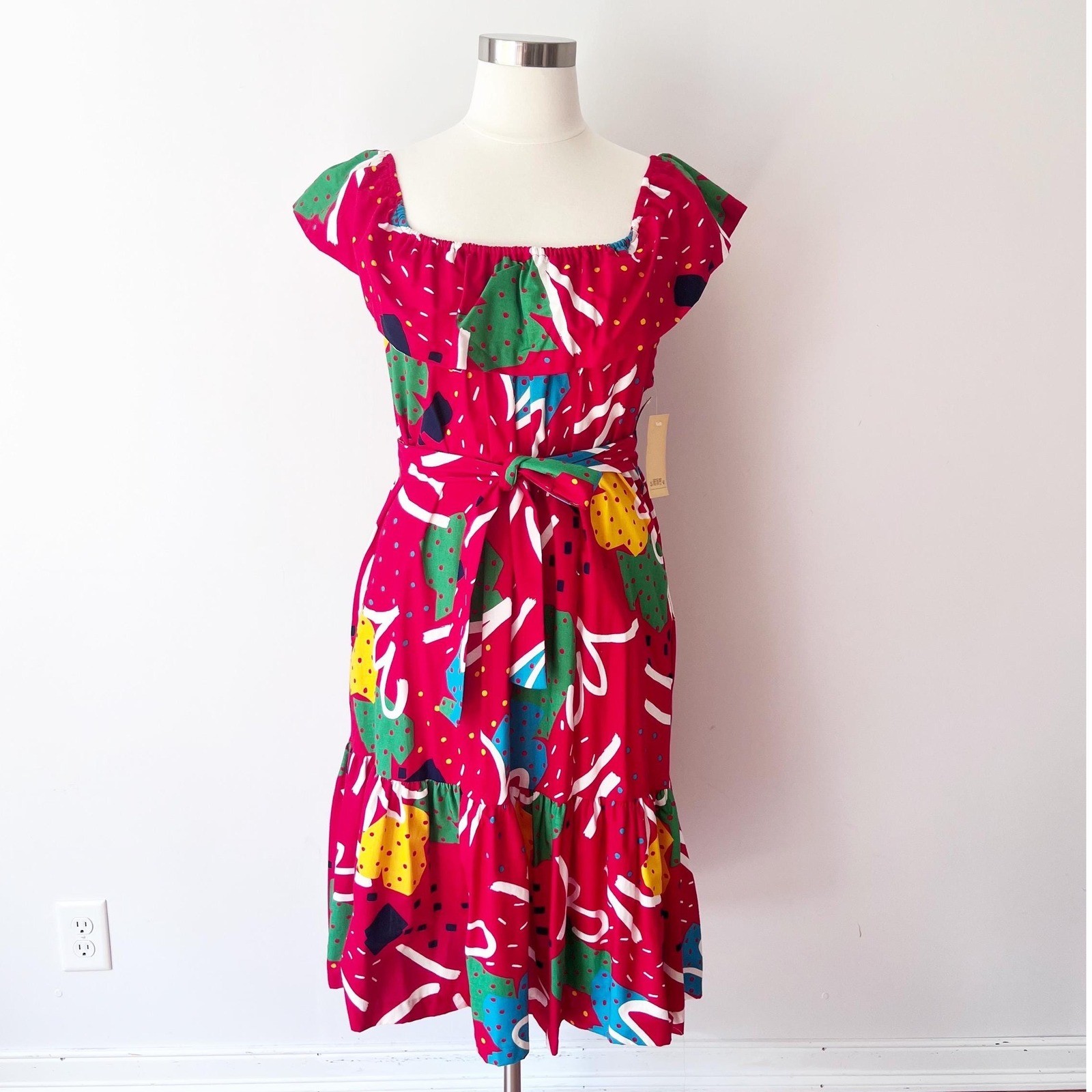 SIZE M/L 80s Vintage Midi Dress Red Abstract Geometric Pockets Maximalist Ruffle
