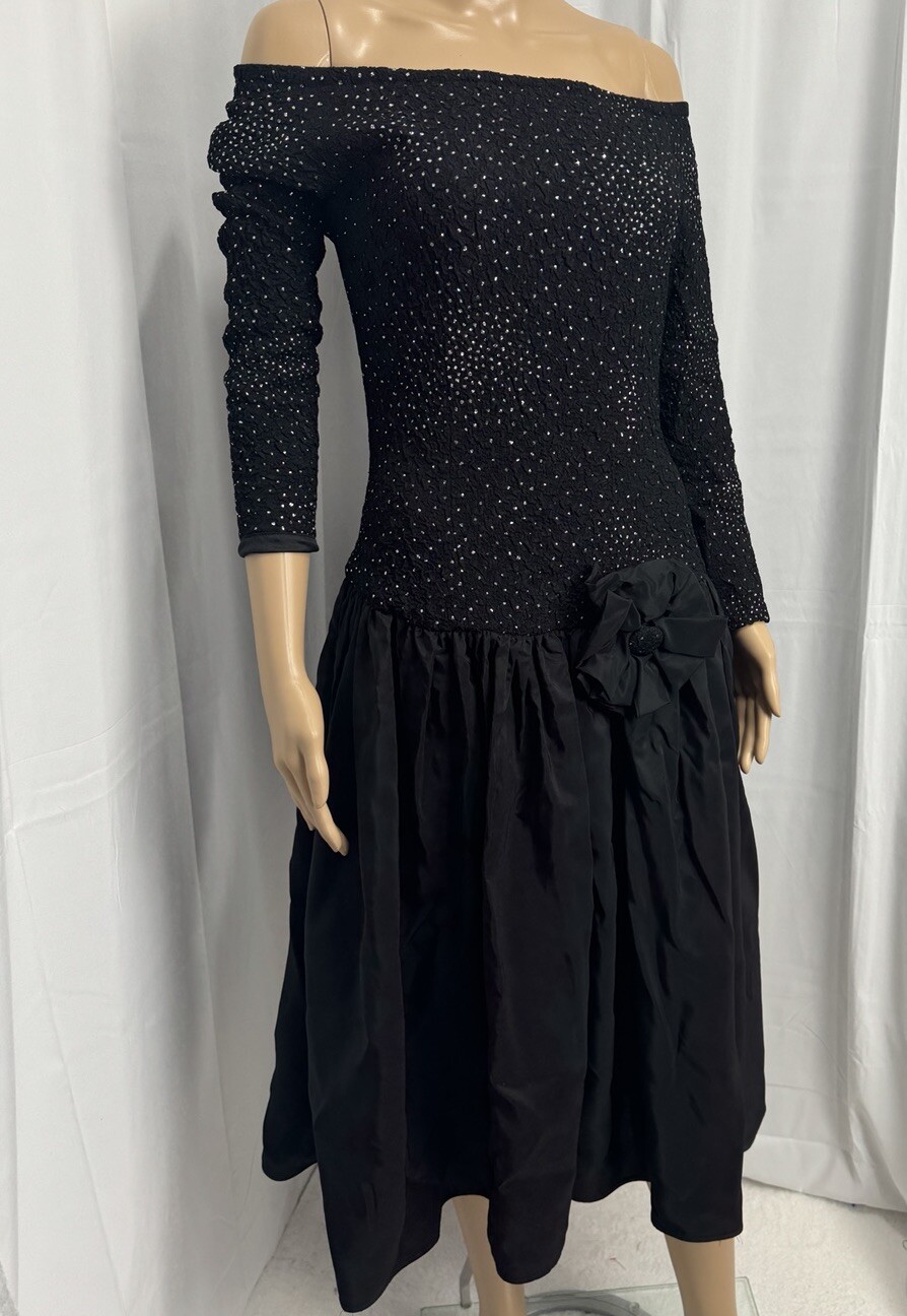 VTG 80s Ted Lapidus Paris Off Shoulder Beaded Dress Gown Sz 8 Black Formal