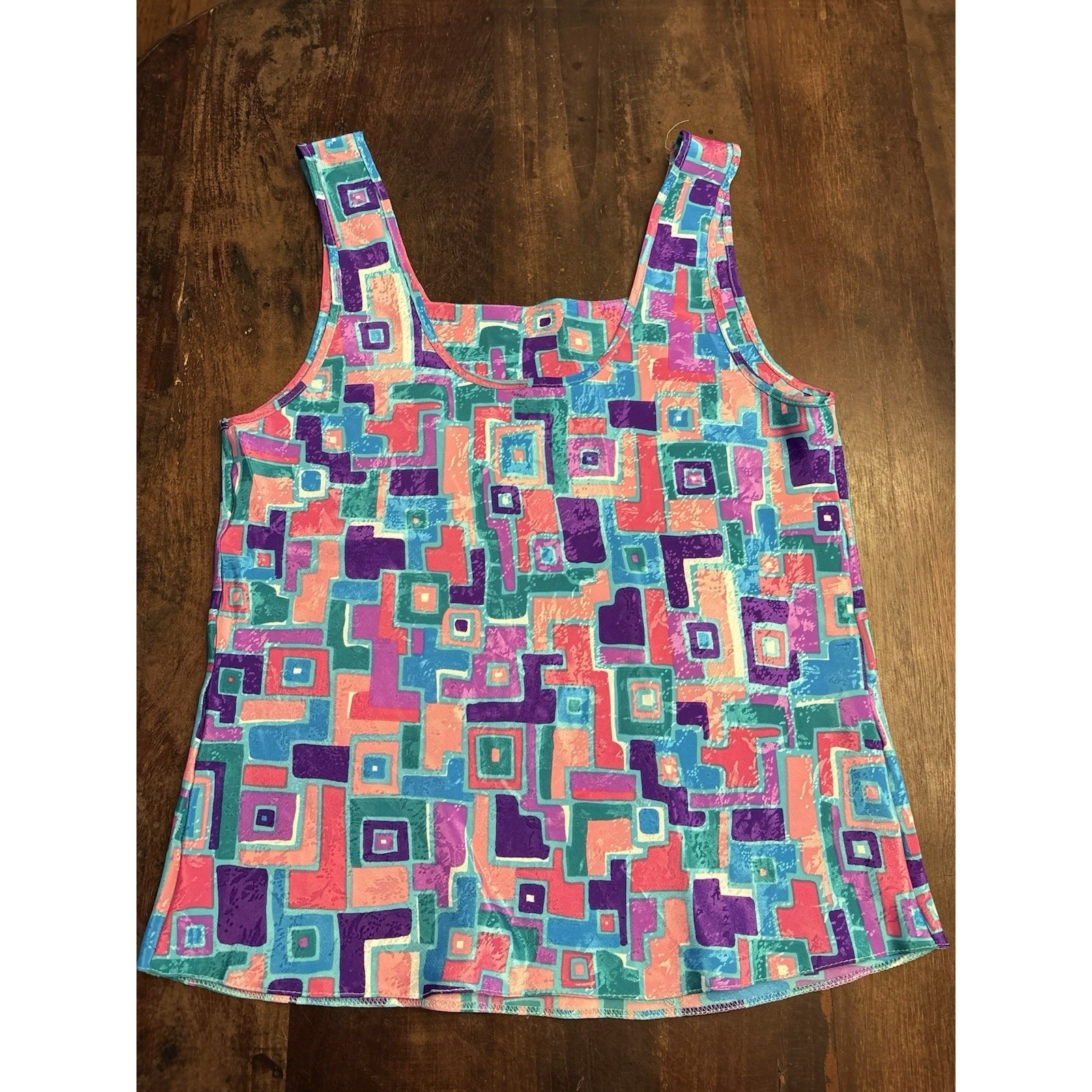 Vintage Geometric Abstract Print Tank Top Pink Purple Teal Sleeveless Shell