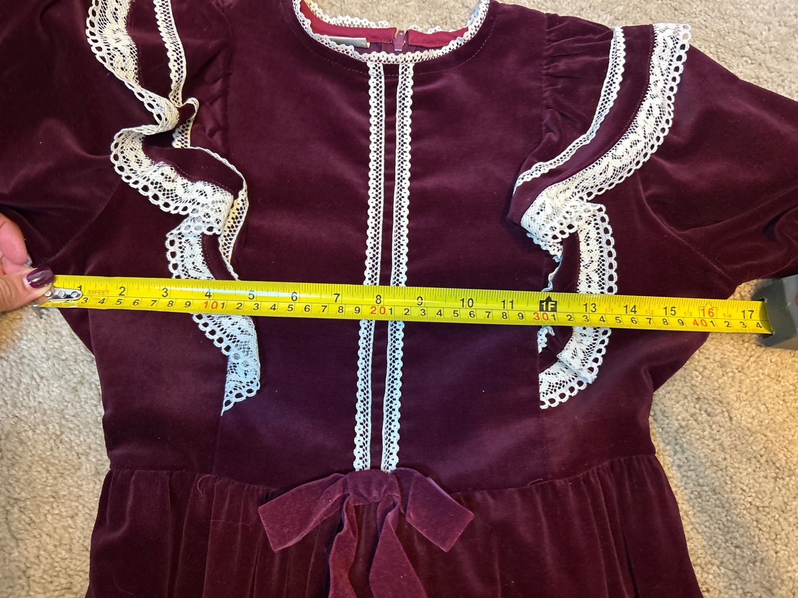 Vintage Burgundy Velvet Prairie Dress Lace Trim & Bow Detail Long Sleeve Ruffle