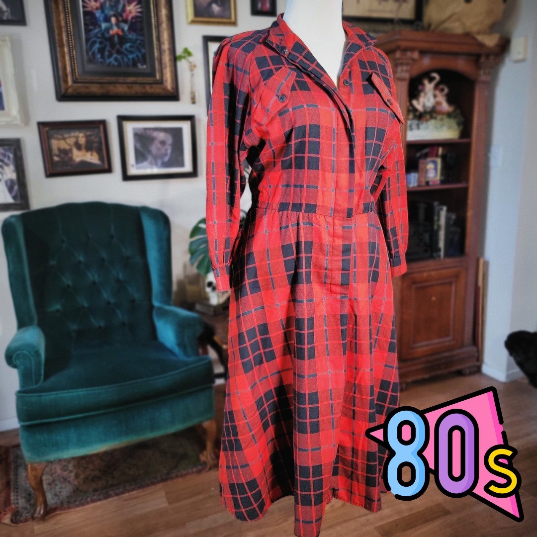 Vintage 80s Sunshine Starshine Red Plaid Shirt Dress Button Front Pockets 12