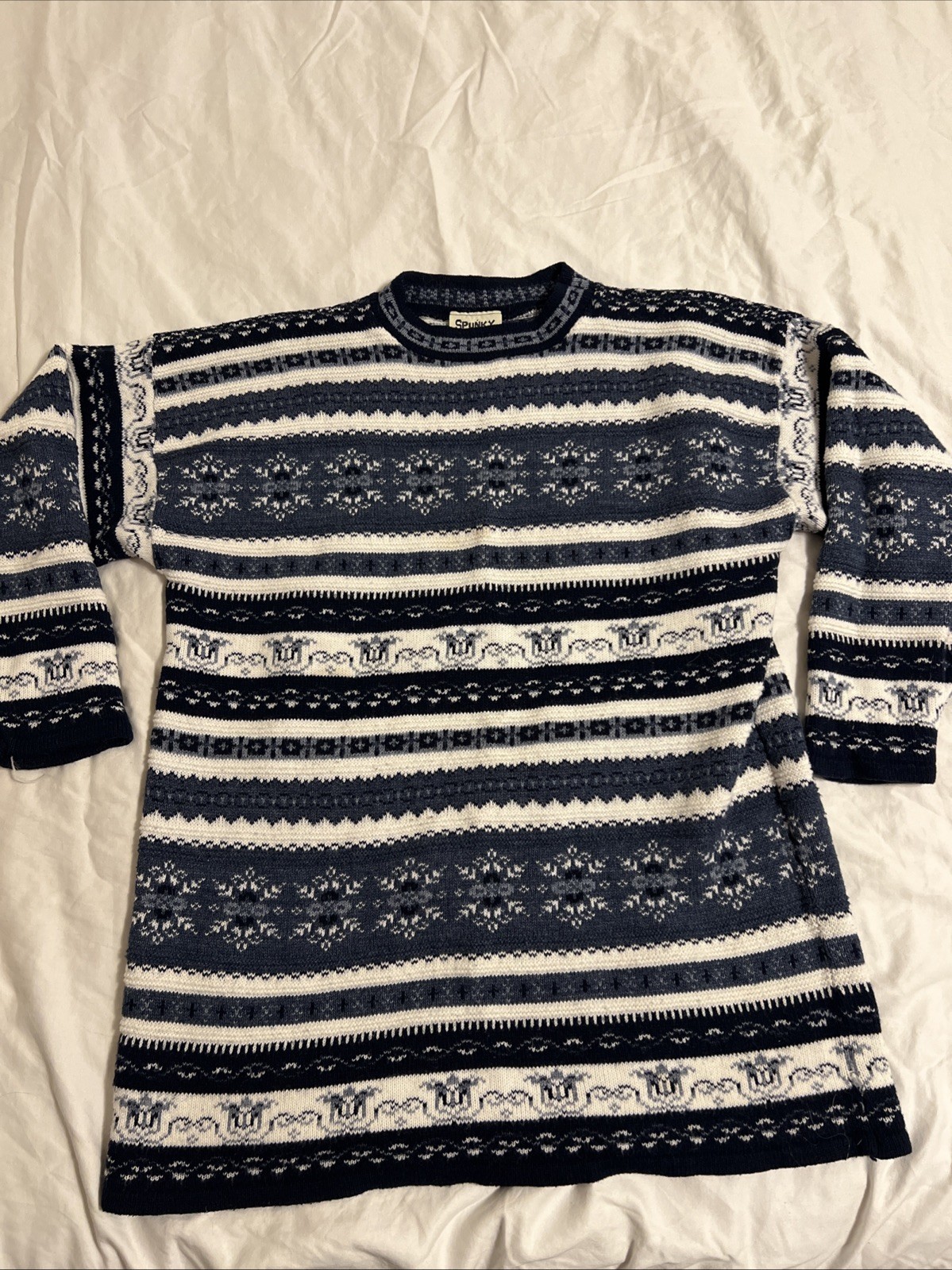 Spunky Vintage Blue And White Sweater 100% Acrylic Made in USA XL/2XL Unisex