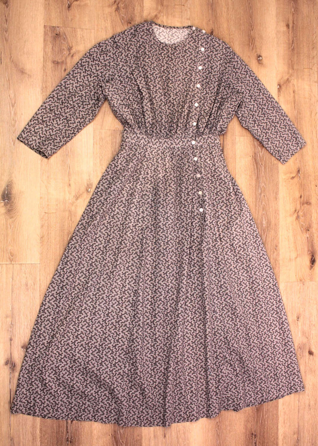 VTG Women’s Antique Late 1800s Gray Abstract Print Calico Cotton Dress Sz M