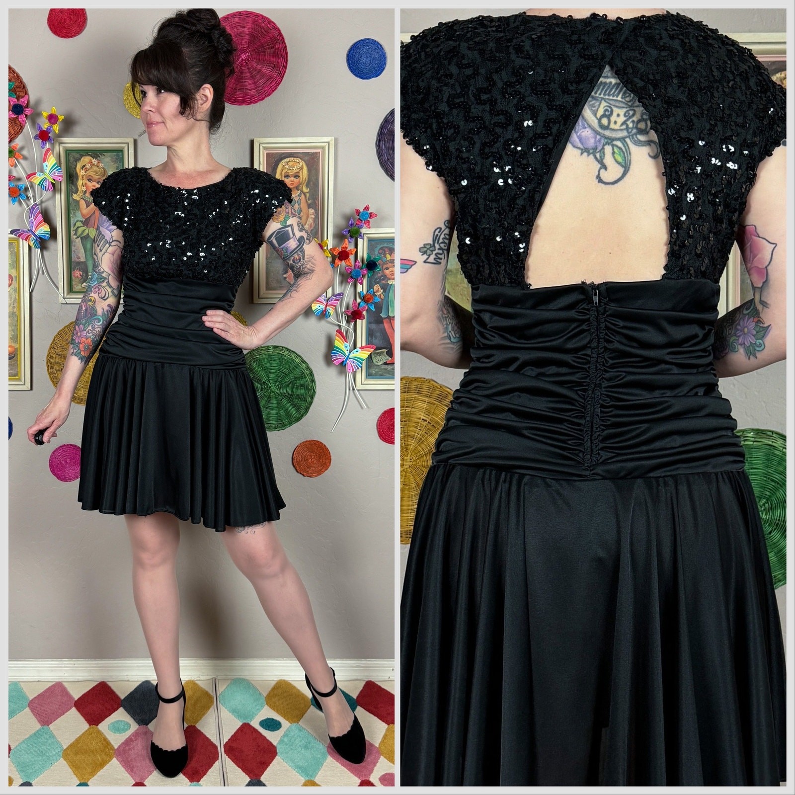 Vintage 1970s Black Sequins Ruched Open Back Disco Minidress – 26″-30″ Waist