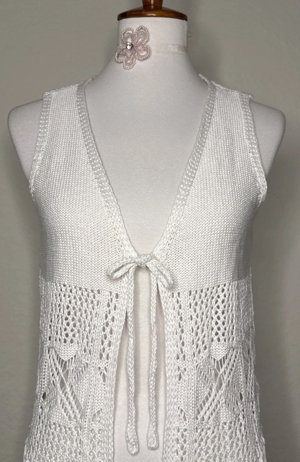 Vintage No comment NY LA Fringe Crochet Vest Hippie Boho Granny Core Size L