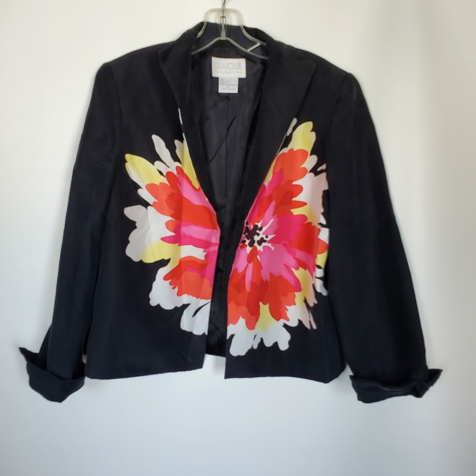 Vintage Silk Club Collection Black Floral Silk Blazer 80s 90s VTG Size M