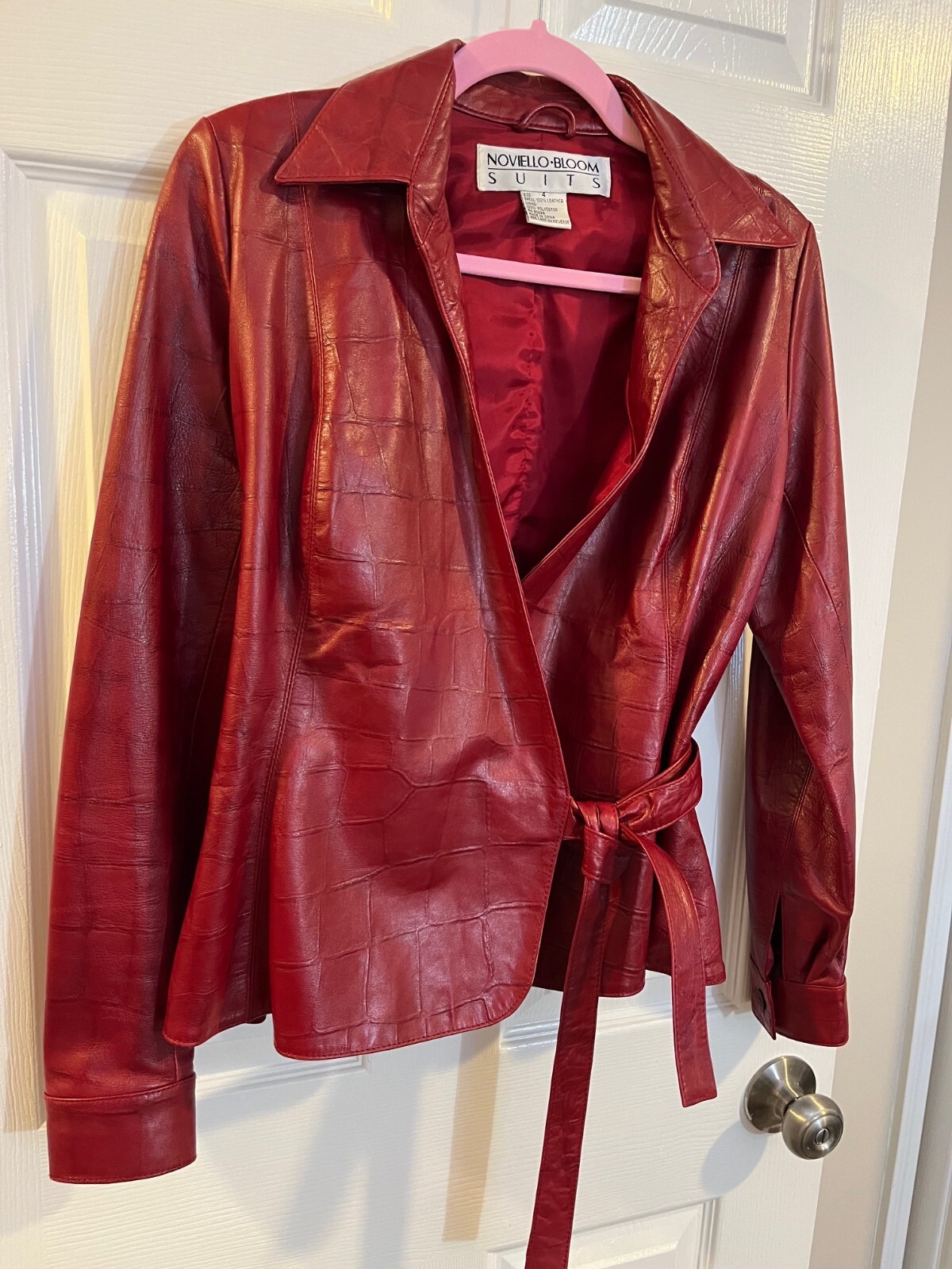Noviello Bloom Vintage Red Leather Jacket Croc-Embossed Wrap Belt Size 4 Women’s