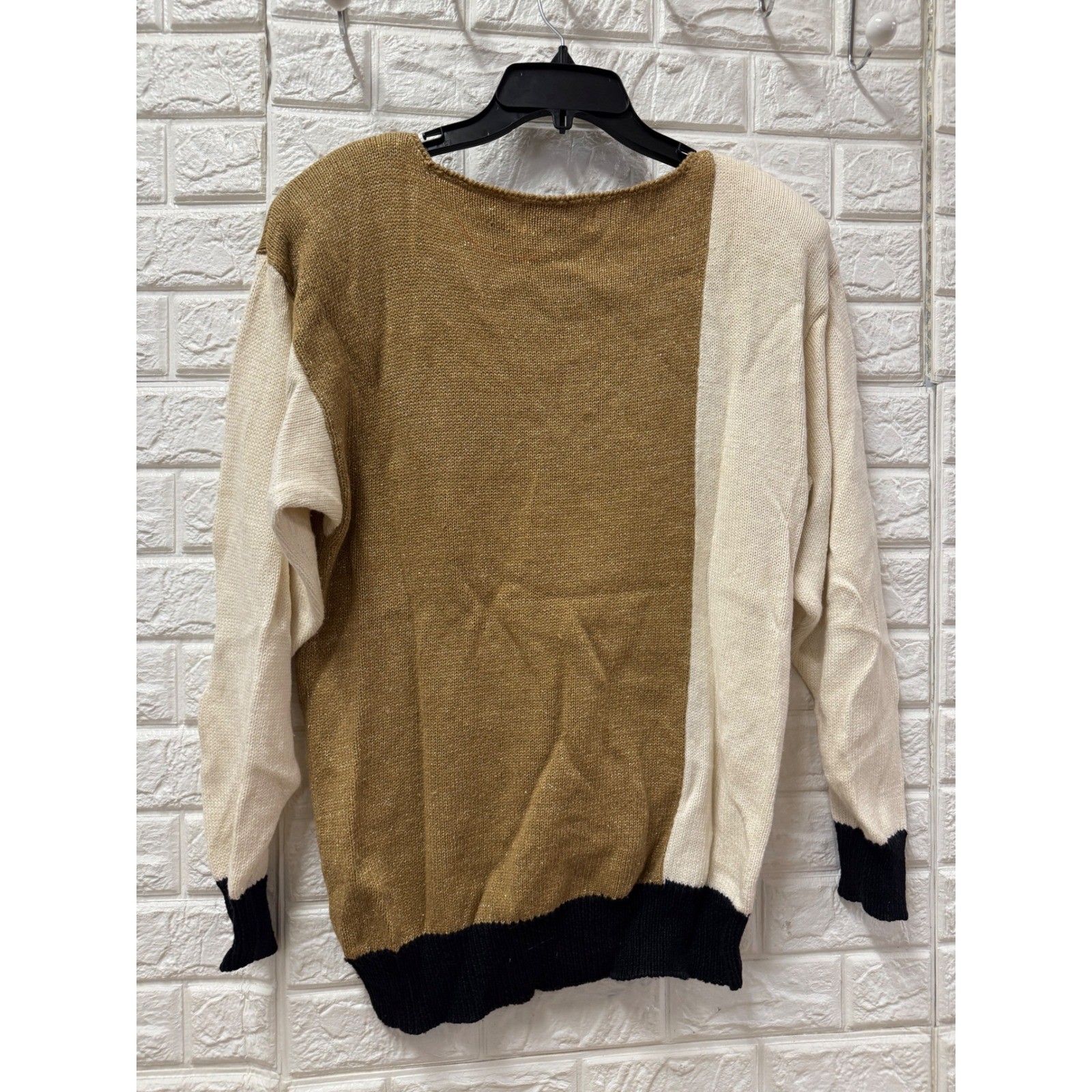 Vintage 1986 Bonnie Boerer Geisha Embroidered Knit Sweater Metallic Tan Cream S