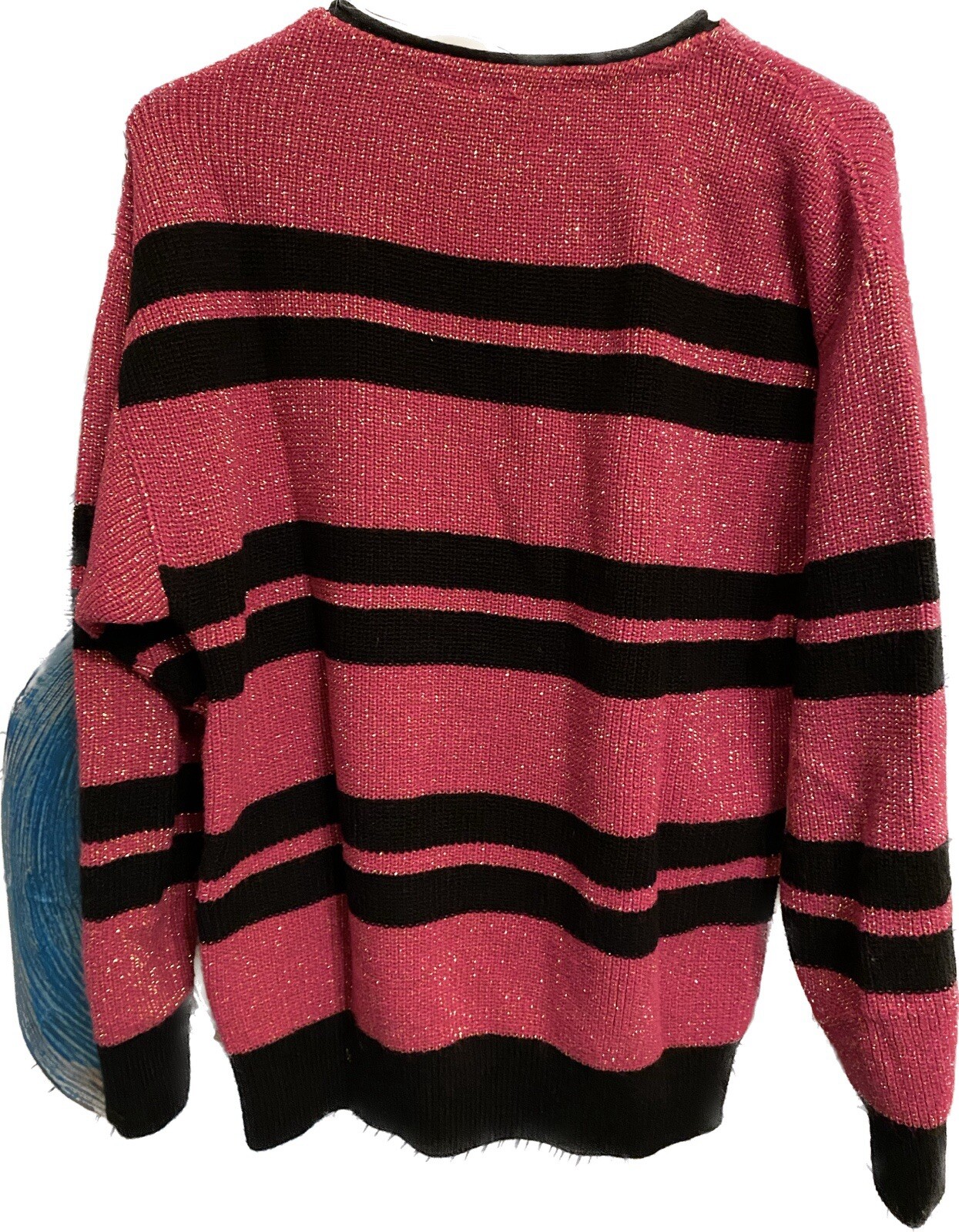 Vtg 80s Women Sweater Mademoiselle Med Hot Pink Black Stripes Gold Threading
