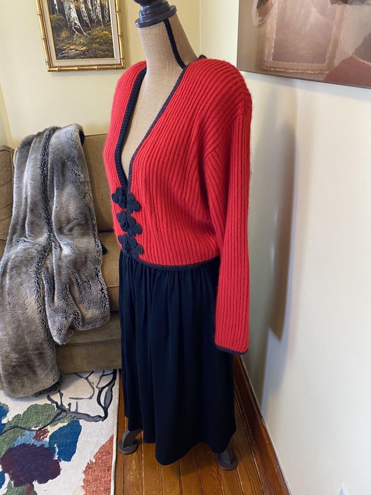VTG 80s Liz Claiborne Red Black silk angora sweater Carol Little wool skirt S￼/M