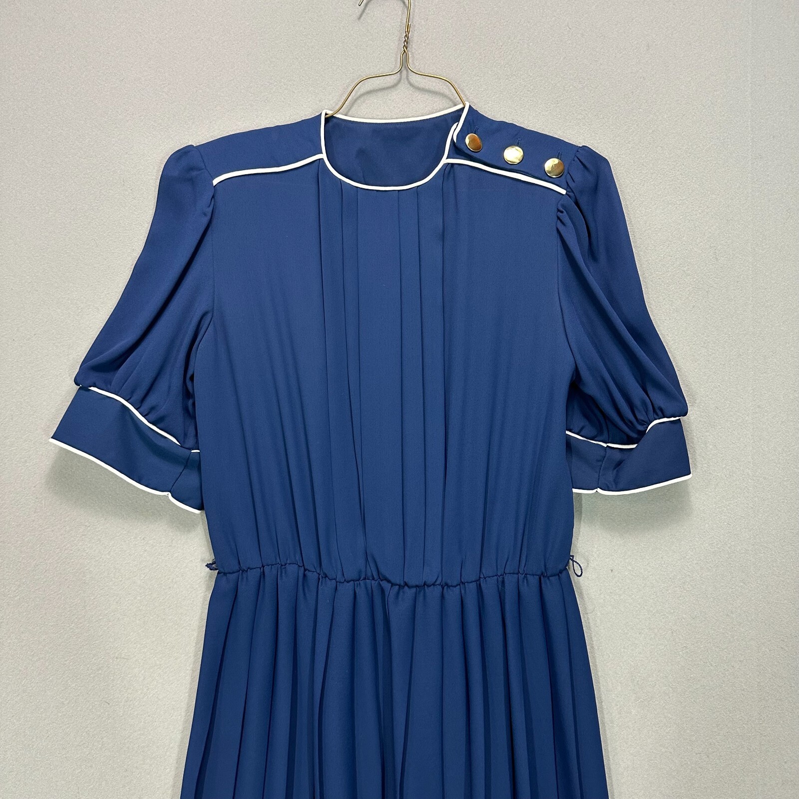 Vintage 70s 80s Navy Blue Dress Size 6 Sailor Pleated Short Sleeve Puff Belted