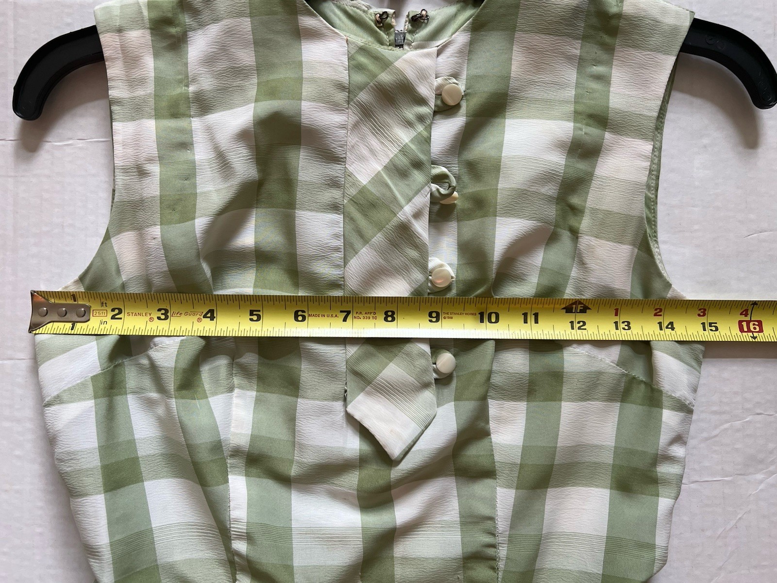 Vintage 1940-50’s Green Gingham Check Dress Zip Pleated No Sleeves XS Homemade