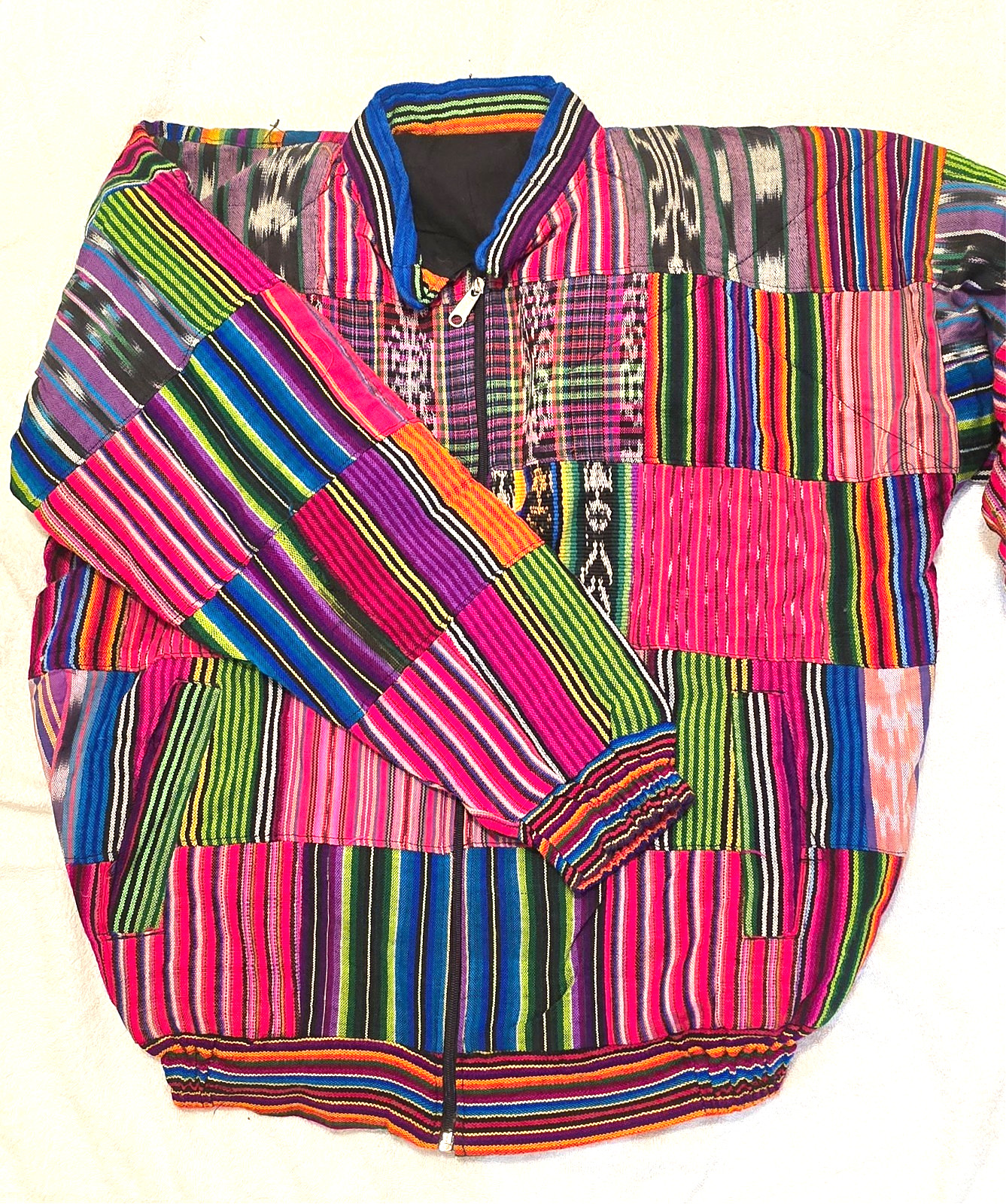 Huipil Strip Guatemala Hippie Patchwork Festival Woven Zip Bomber Jacket VTG 90s