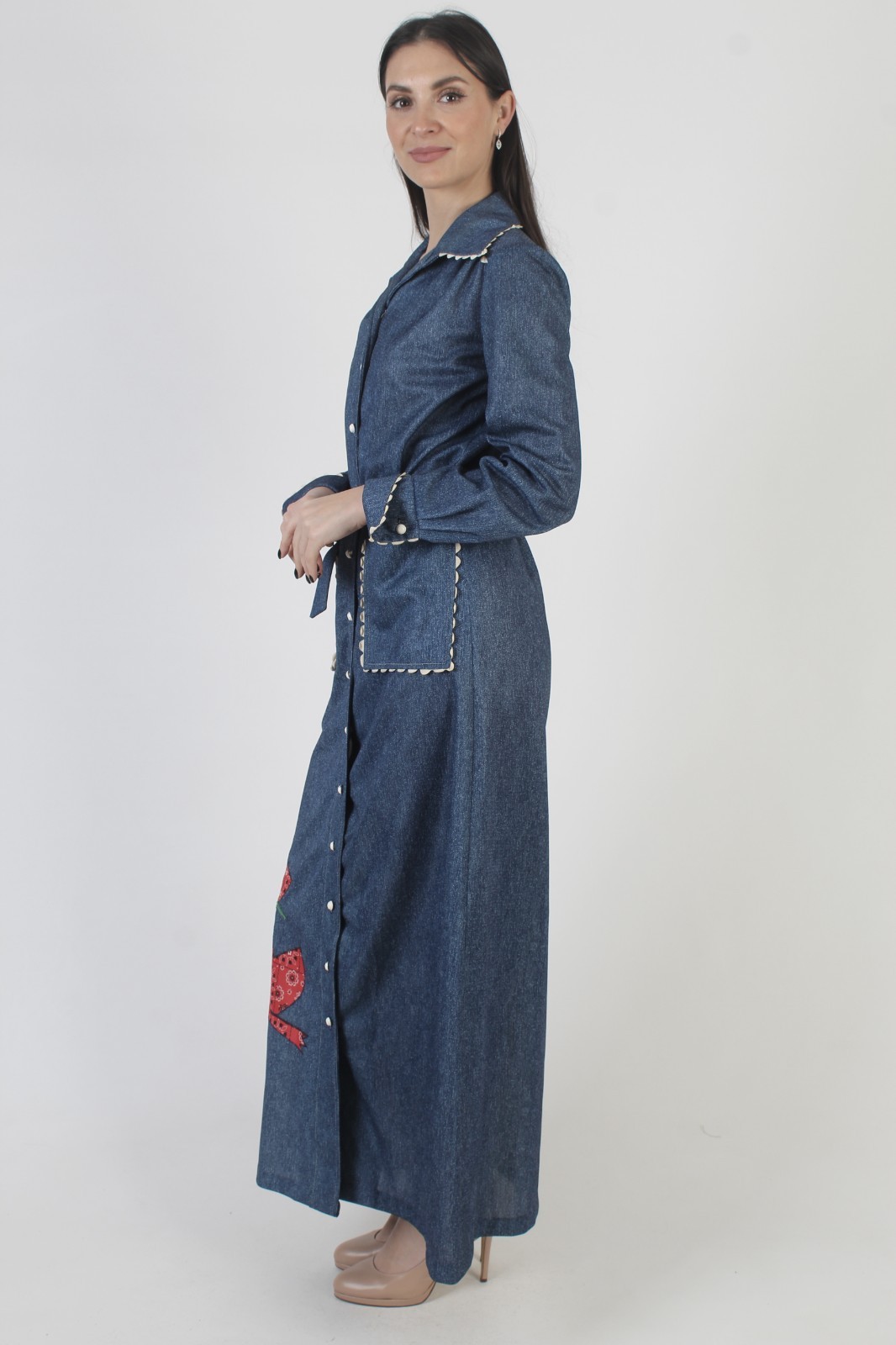 Vtg 70s Chambray Frog Prairie Dress Americana Bandana Belted Ric Rac Trim Maxi