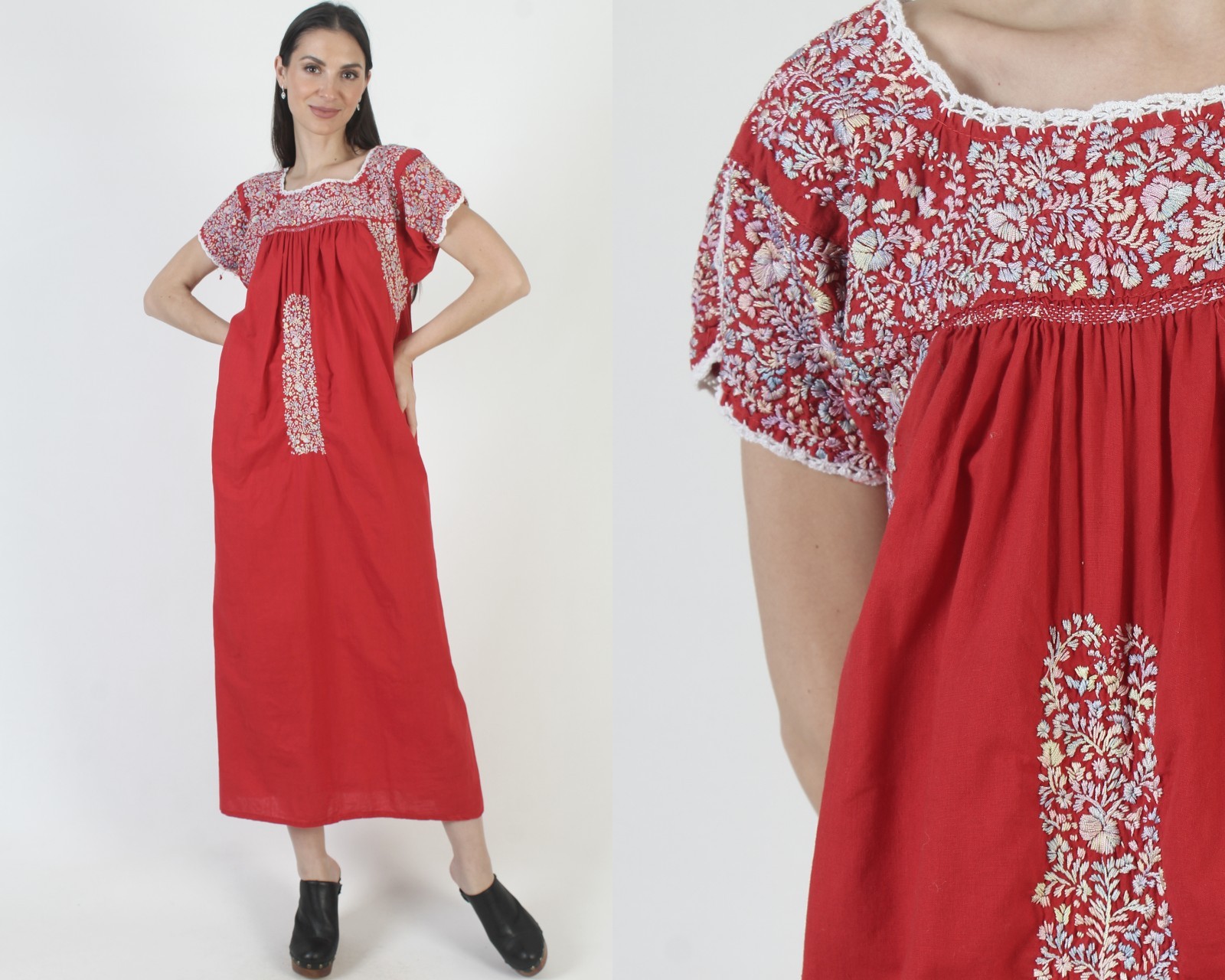 Red Cotton Oaxacan Dress Vintage Embroidered Mexican Ethnic San Antonio Kaftan