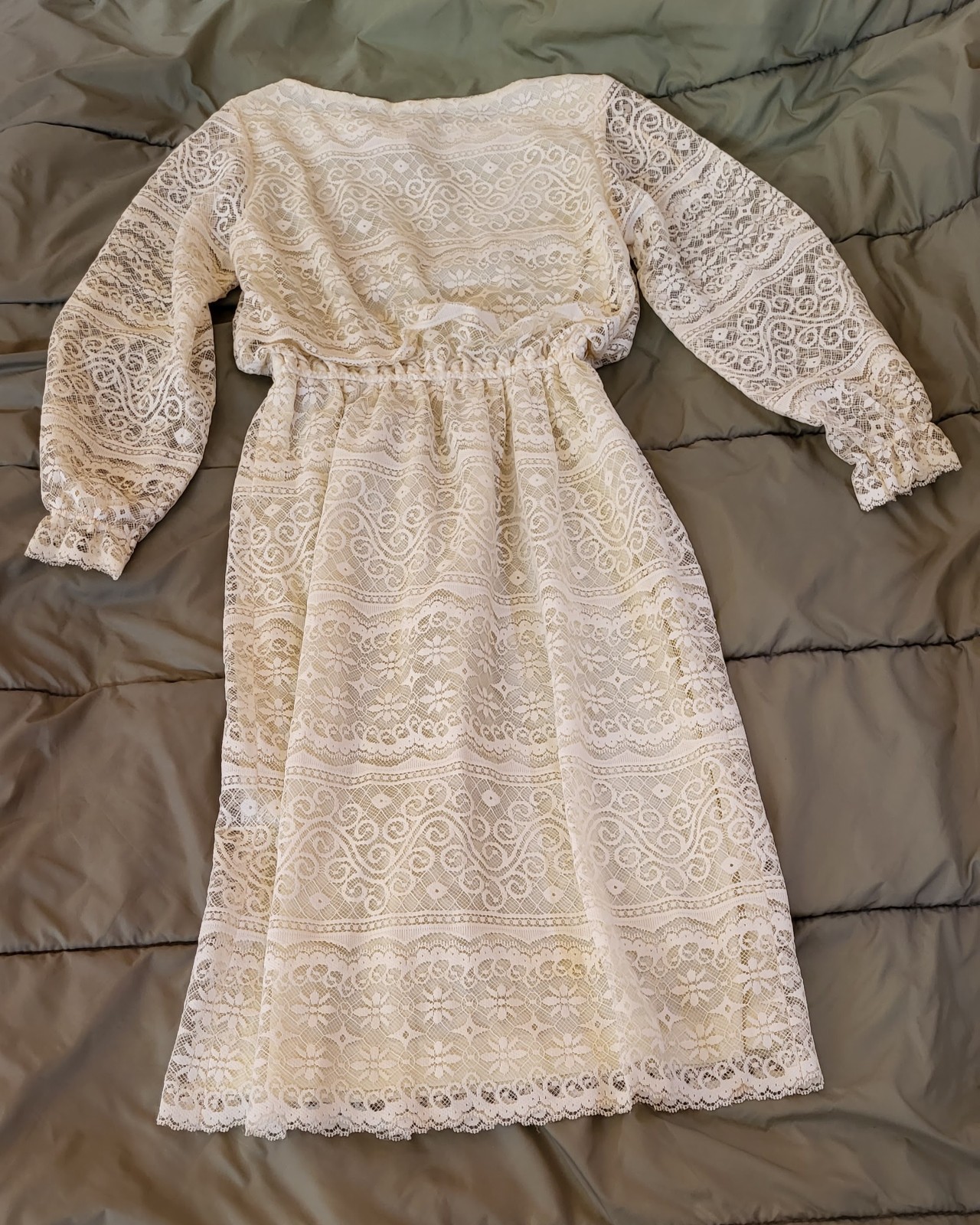 Vtg 70s 80s Lace Boho Wedding Dress Long Sleeve ILGWU Union Made 1920s Revival M