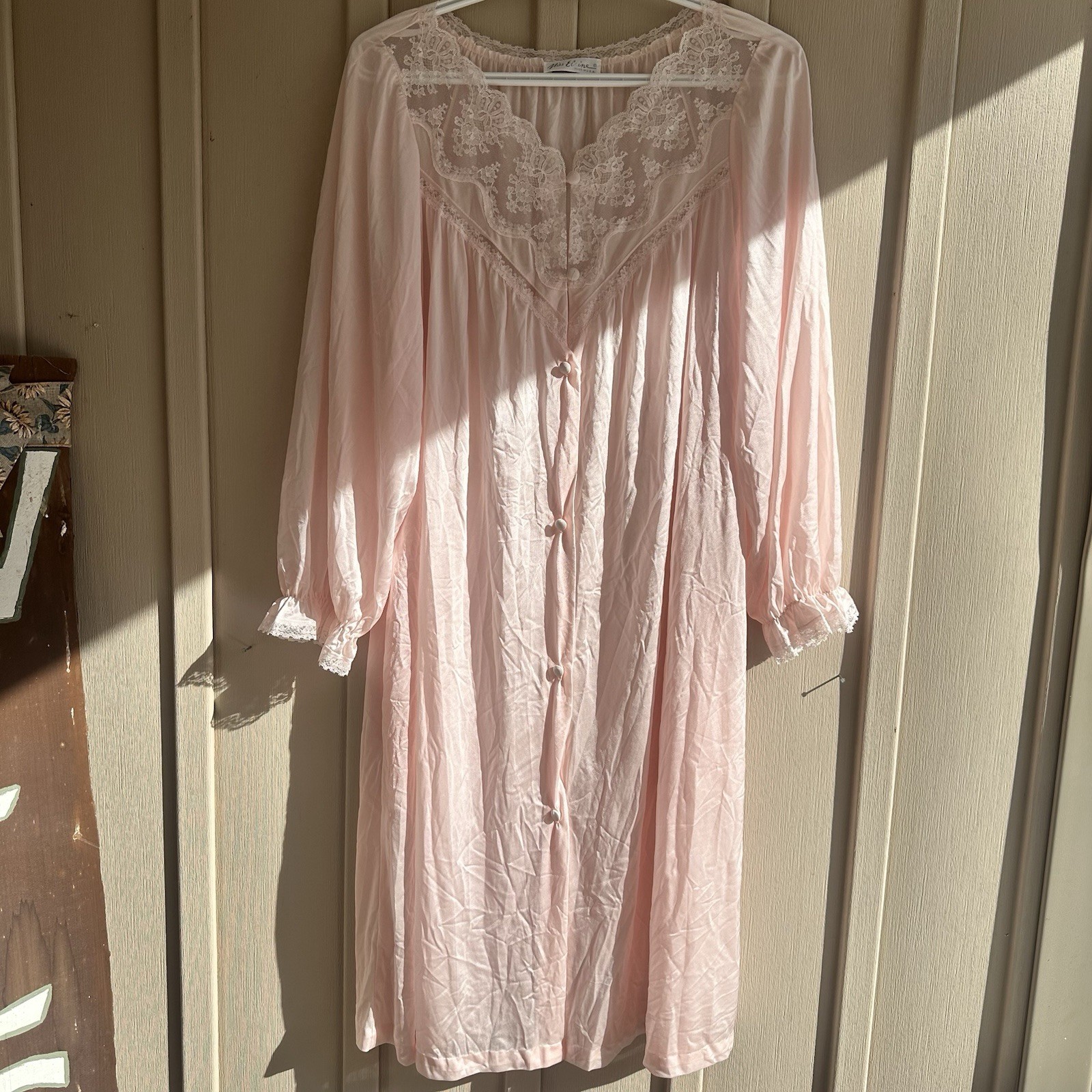 Vintage Style Lingerie Peignoir Robe Nylon Nightgown Soft Lace Miss Elaine Pink