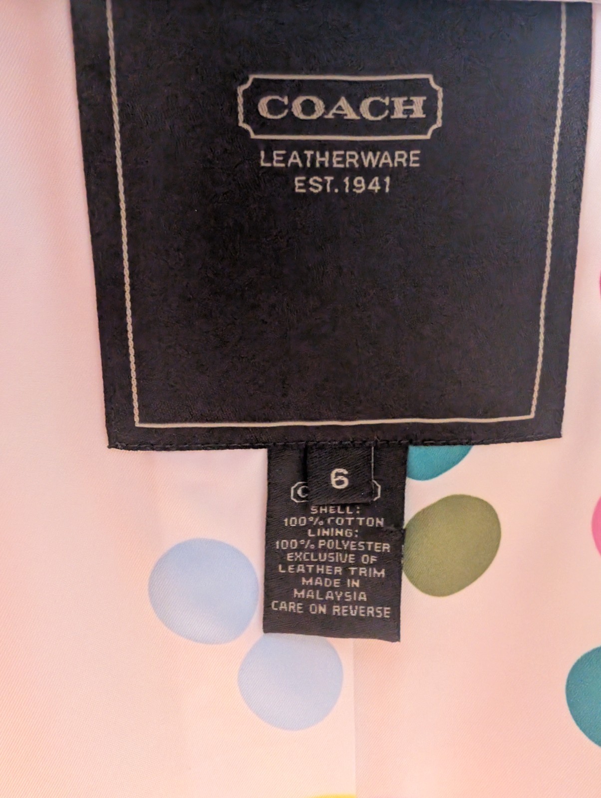 Coach Trench Coat Size 6 Tan Cotton Legacy Polka Dot Multi Lining Pink Trim READ