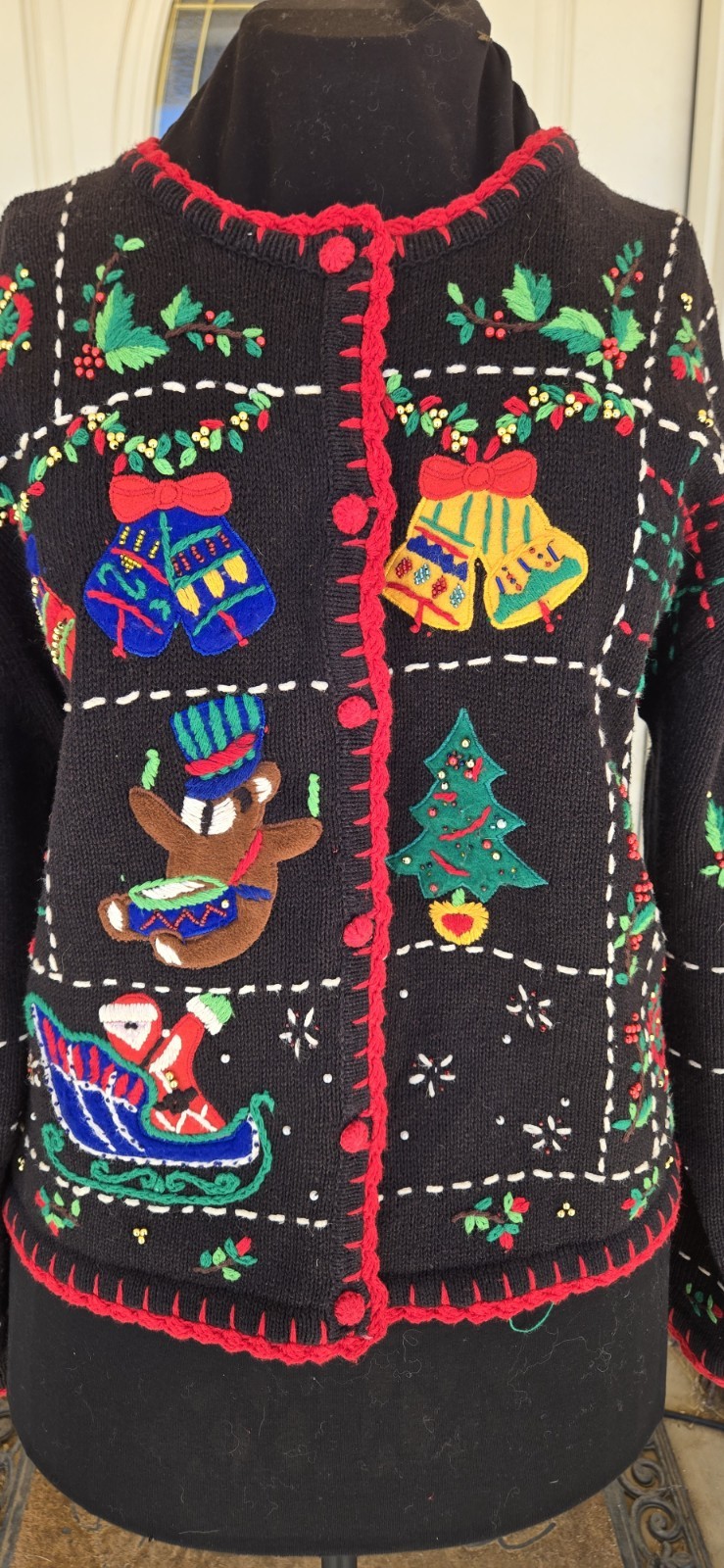 1990s HAMPSHIRE STUDIOS Black Christmas Cardigan Beaded & Knit Details Size L