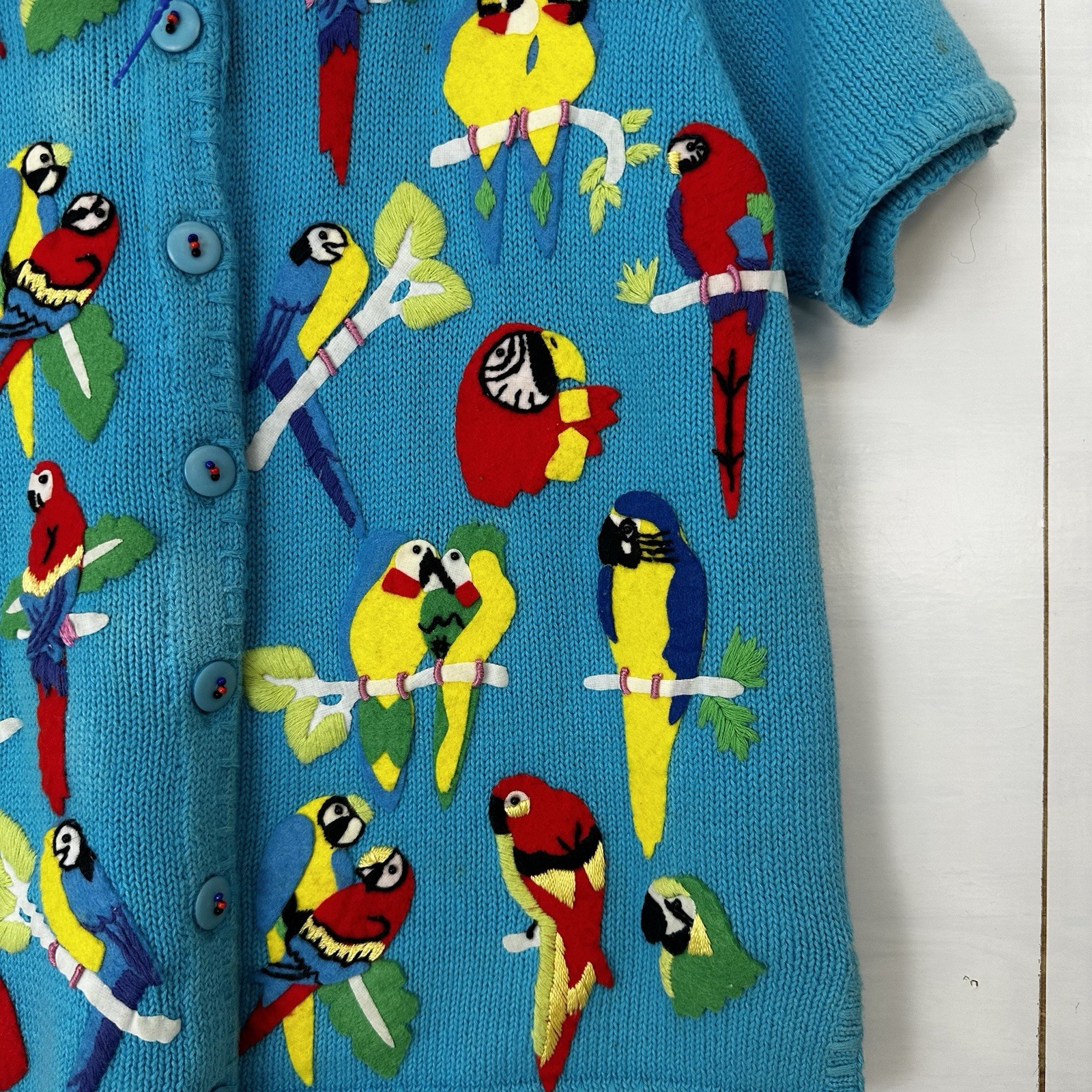 Susan Bristol VTG 1999 Parrot Cardigan Tropical Bird Knit RamieCotton Y2K S READ