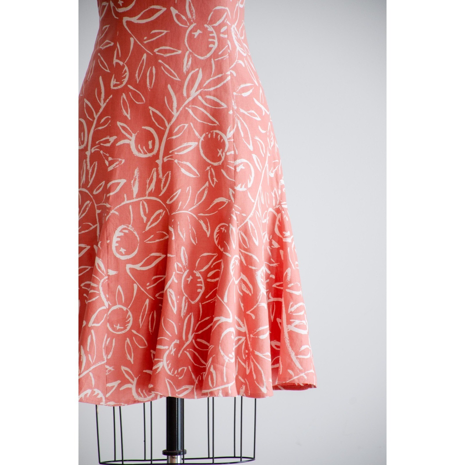 pink linen dress 80s vintage orange terra cotta fruit pattern mini dress