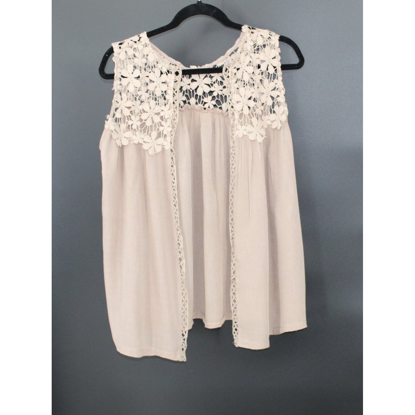 LACE TANK OPEN FRONT M/L VINTAGE COTTAGECORE BOHO CHIC OATMEAL