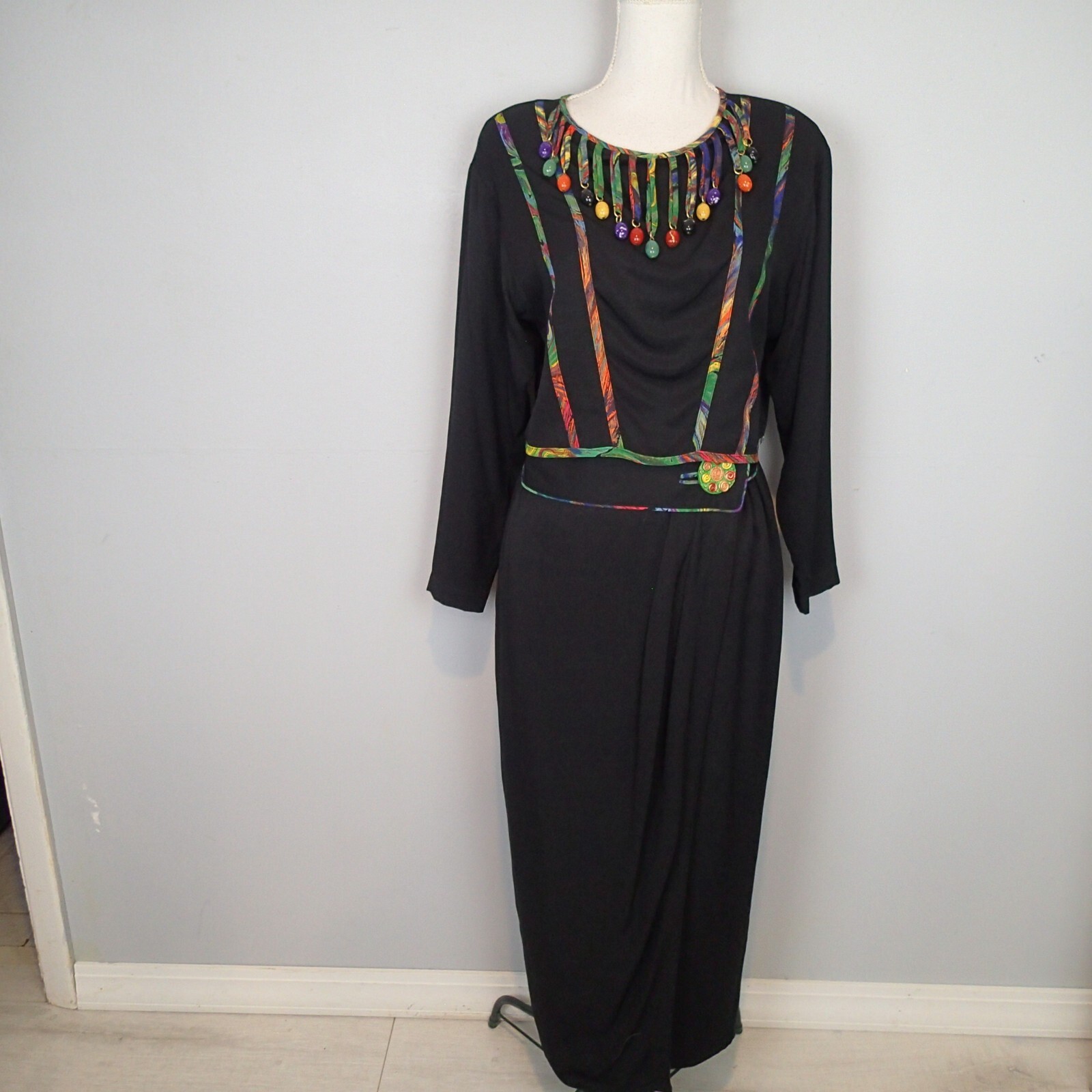 Platinum Dorothy Schoelen Art To Wear Cropped top, long wrap skirt beads black