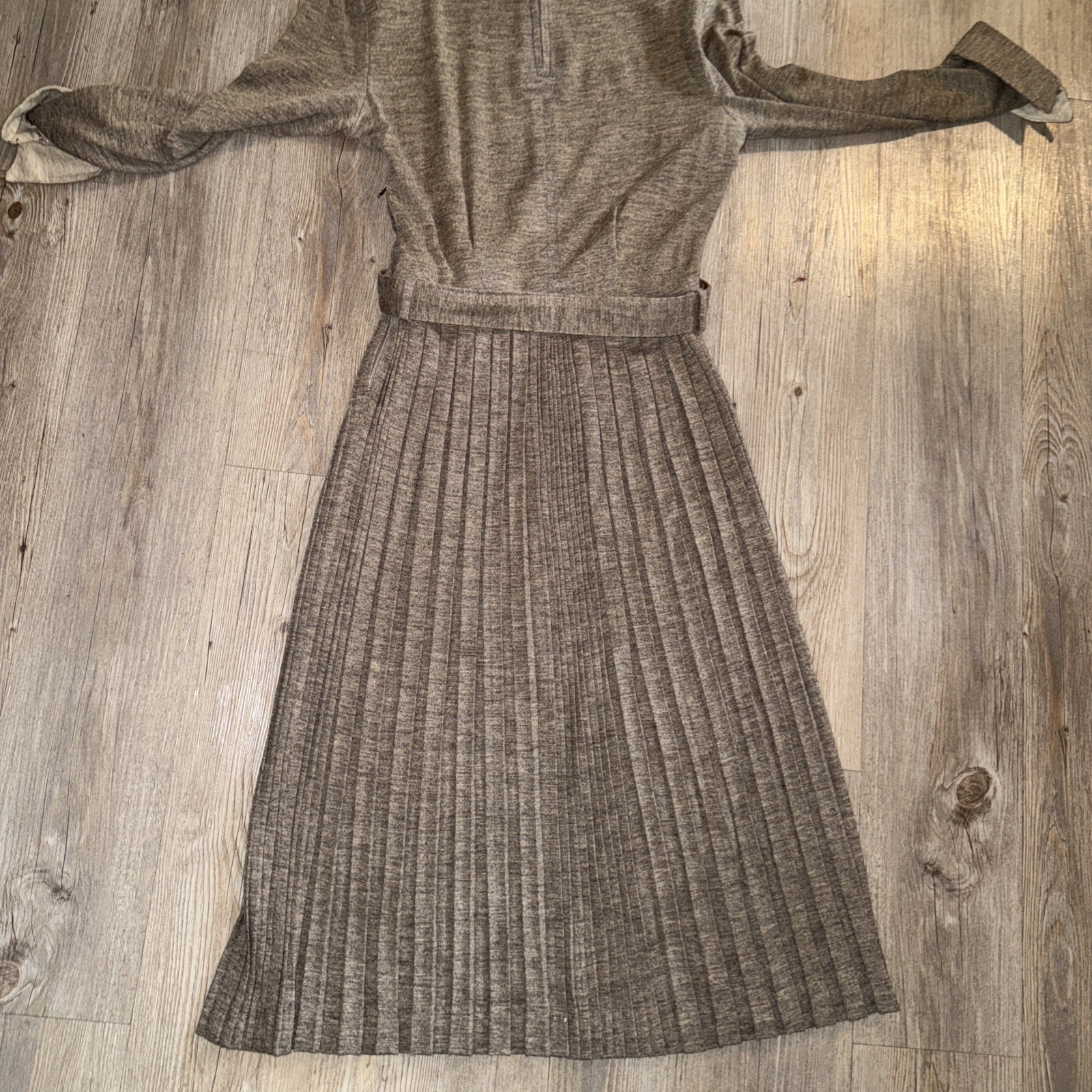 1950s Vintage Lampl Light Brown Dress Pleated Skirt Midi Belted 36 Bust 26 Waist