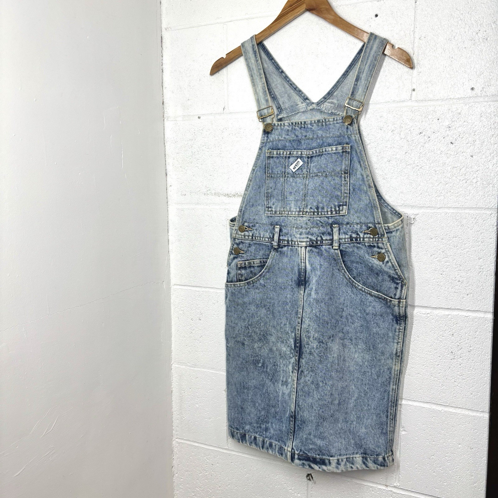 Vtg 80s Guess USA Made Jean Overalls Light Wash Denim Skirt Size 2 Waist 32”