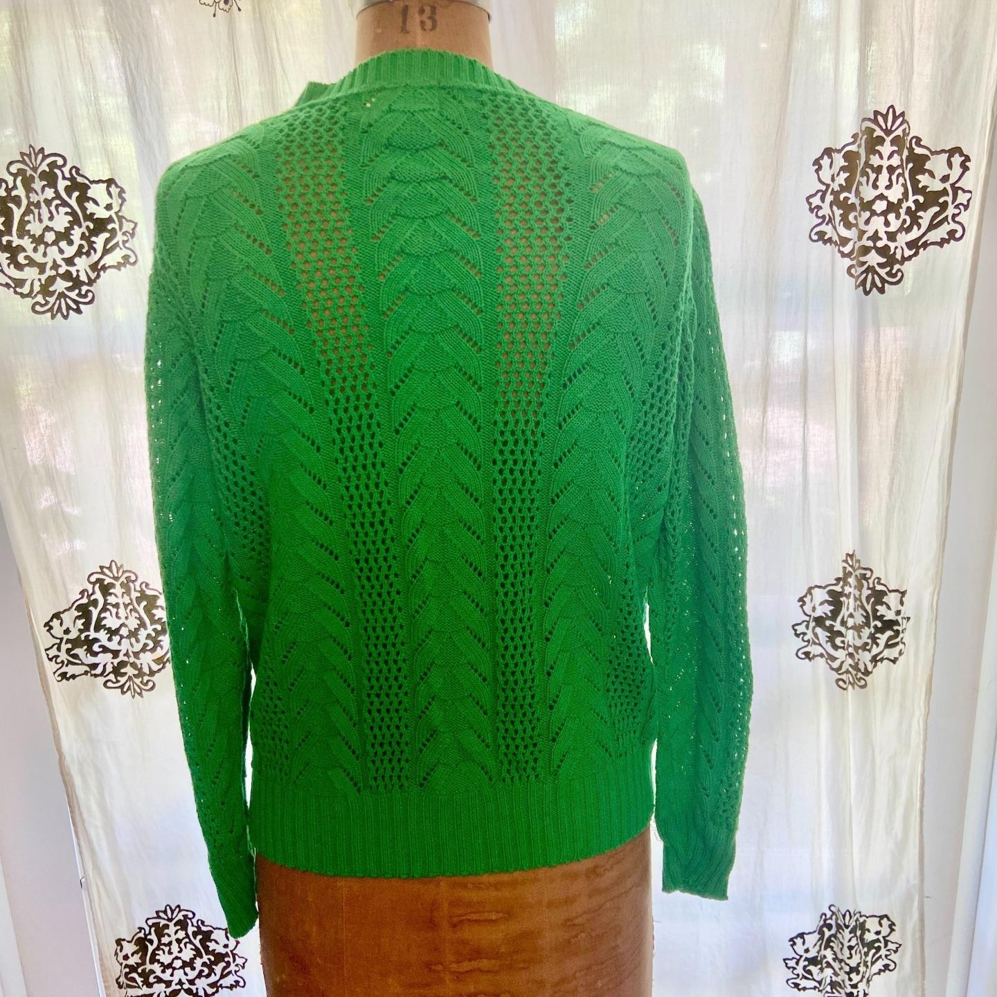 Vintage 60s BRITISH VOGUE Mod Green Openwork Cable Crochet Sweater Cottagecore M