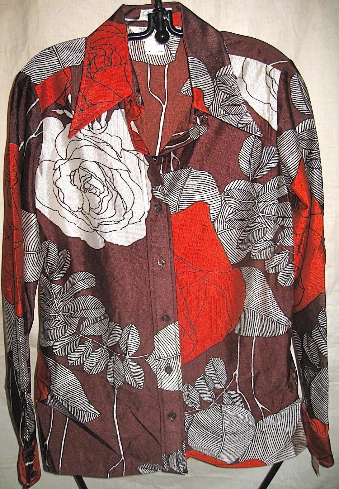 Vtg 70s Gailord Qiana Nylon Blouse Dagger Collar Floral Flower Deadstock Womens