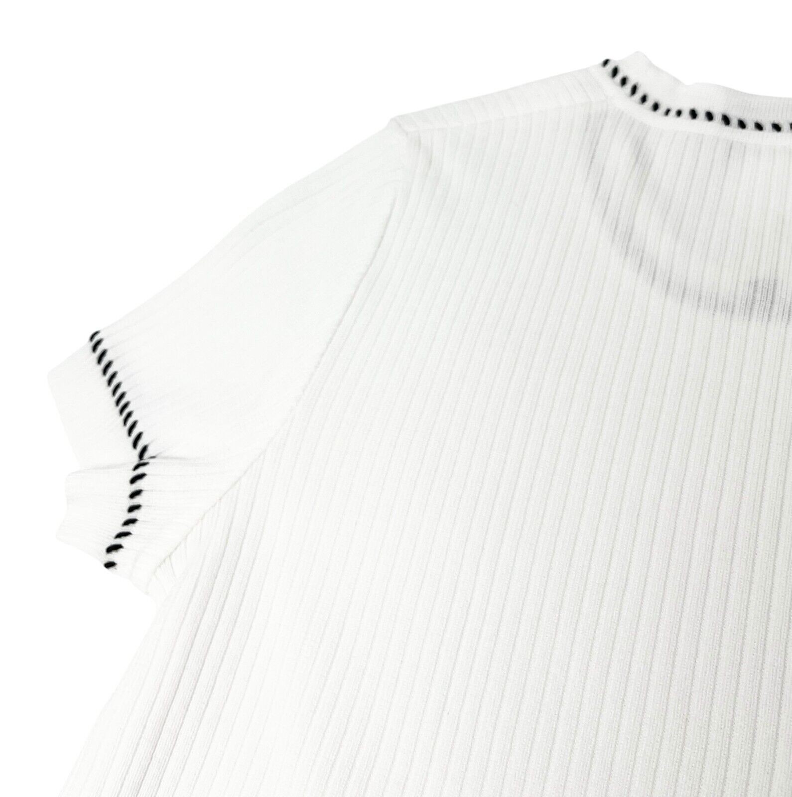 CHANEL Vintage 96P CC Rib Knit Top #38 Stitch Pullover White Black Cotton