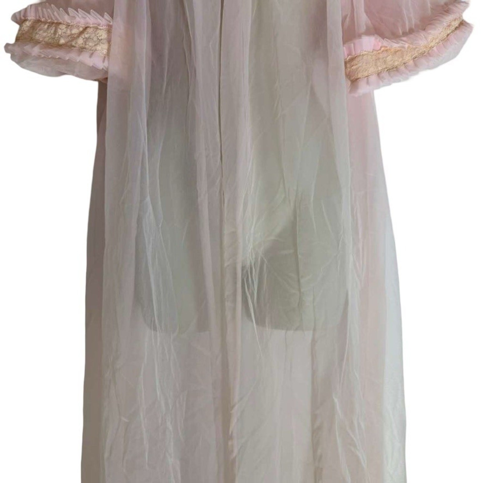 Vintage Unbranded Sheer Pink Lingerie Pleated Ruffle 60s Robe Long Length sz L