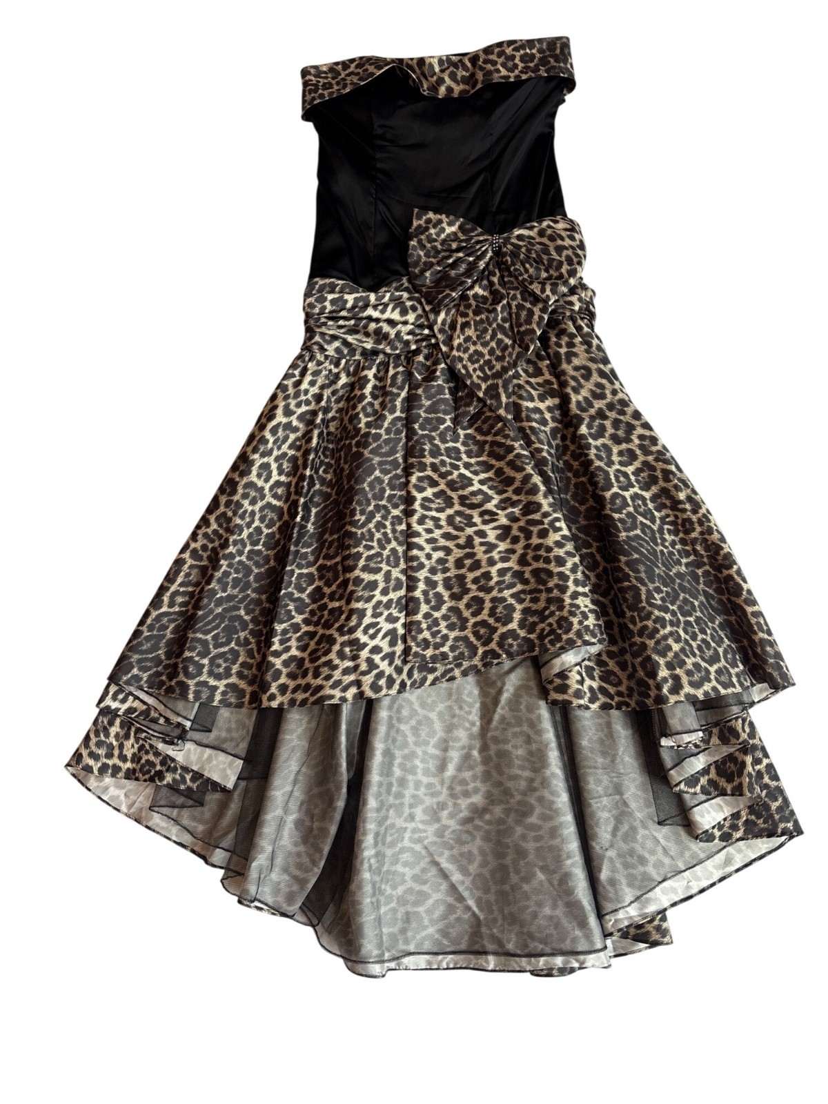 Vintage 80s San Martin Evening Gown: Strapless Black Satin Leopard Taffeta Dress