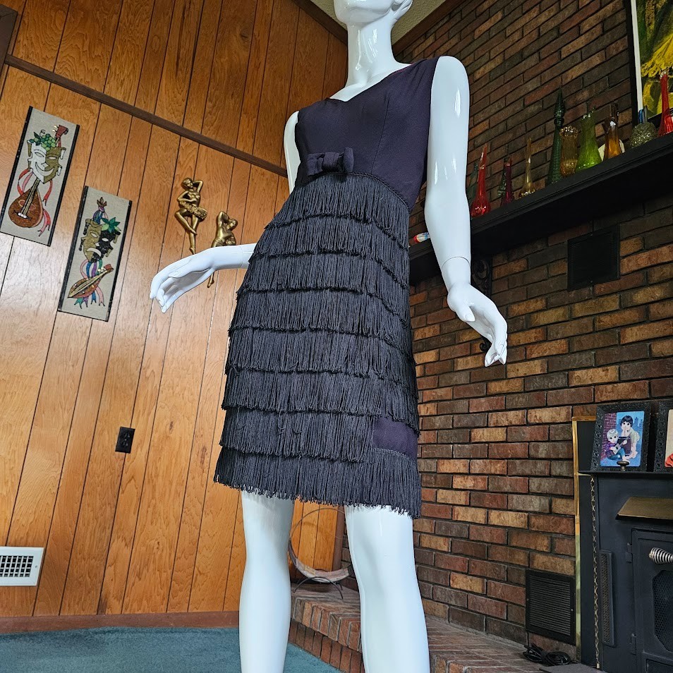 Vtg 60s Mod Charleston Go Dancer Fringe Cocktail Party Club Flapper Dress XS/S