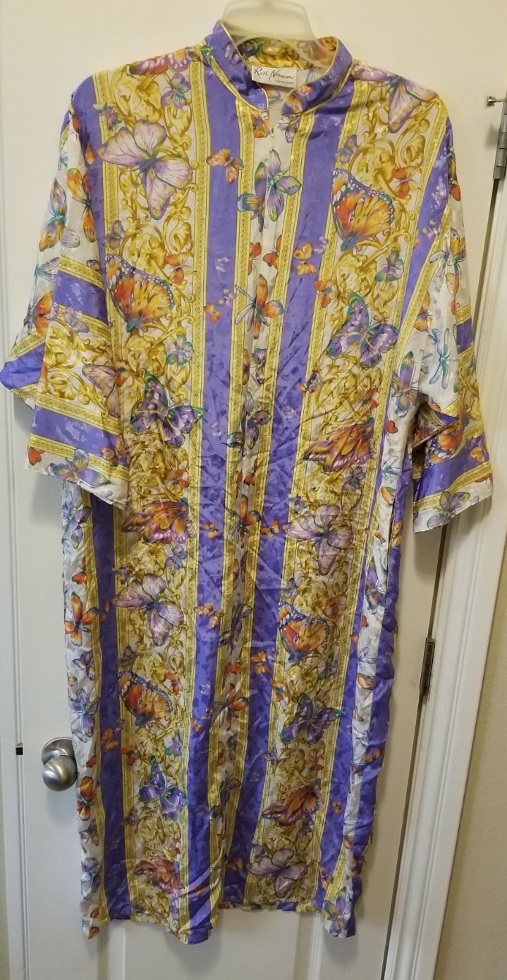 Vintage Ruth Norman New York Caftan Housecoat Dress Pullover Floral Butterfly L