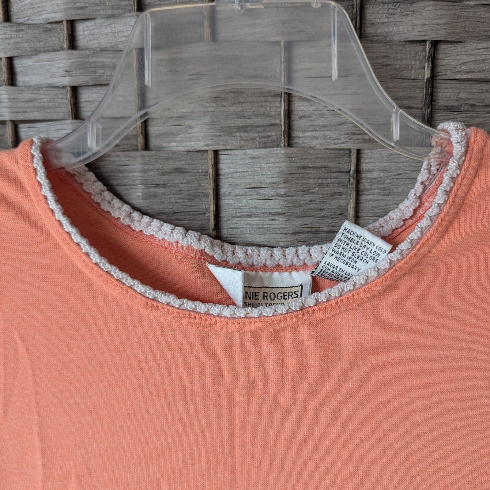 Vtg Knit Tank Top Shell Peach Crochet Neckline Trim Sleeveless XL Cottagecore