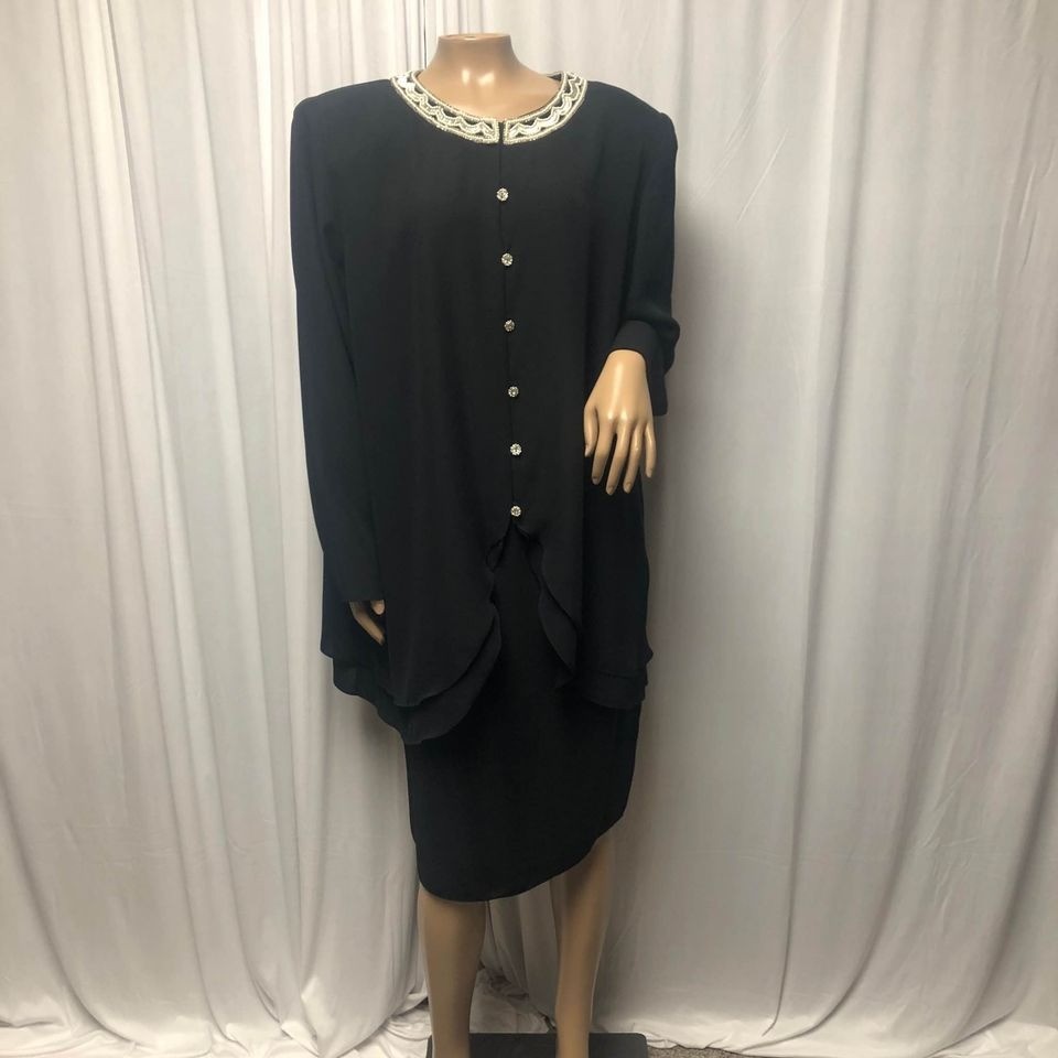 David Rose Two Piece Skirt Dress Vintage Womens Sz 18W Black Beaded Classic USA