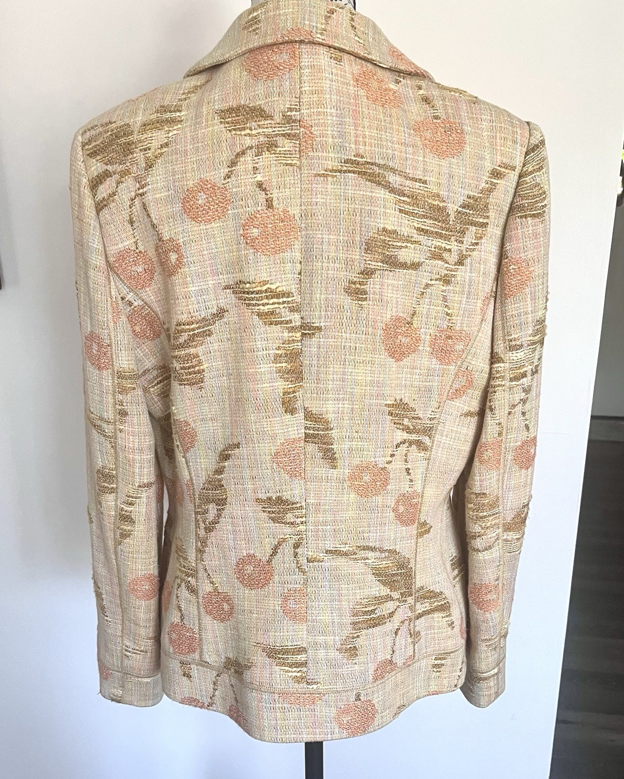 Vintage Carlisle Blazer Women’s Size 10 Tan Pink Cherry Cotton Silk Linen Rayon