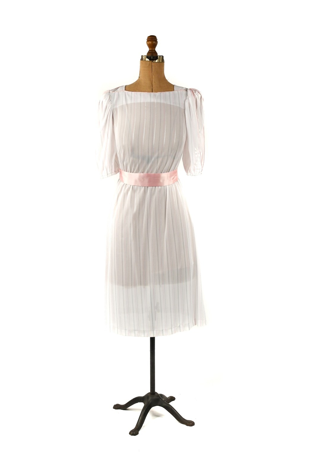 Vintage 80s Semi Sheer White + Pastel Pink Pinstripe Puff Sleeve Preppy Dress S