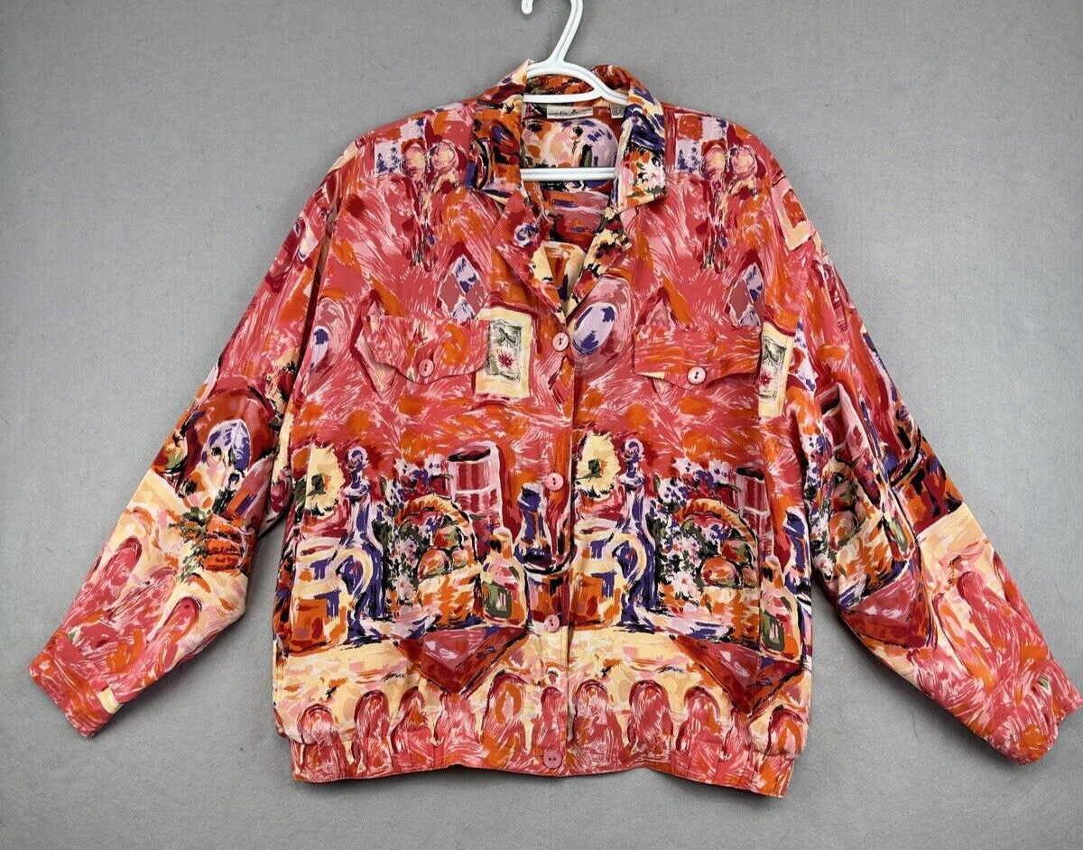 VTG Silk Jacket Women’s L Silk Bomber All Over Print Pockets Natalie & Me Travel