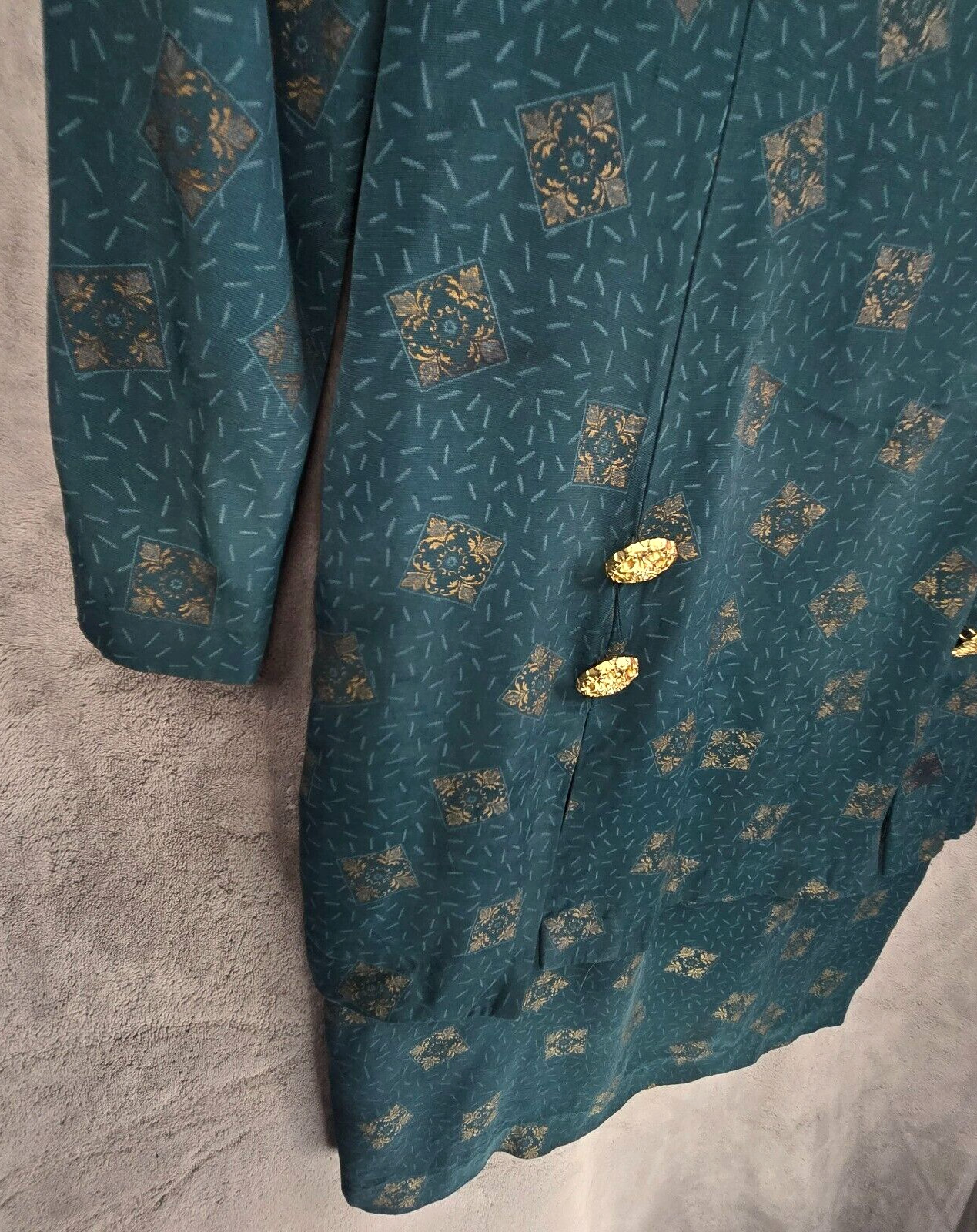 Vintage Michael B Ltd 80s Suit Dress Womens 10 Green Gold Buttons Shoulder Pads